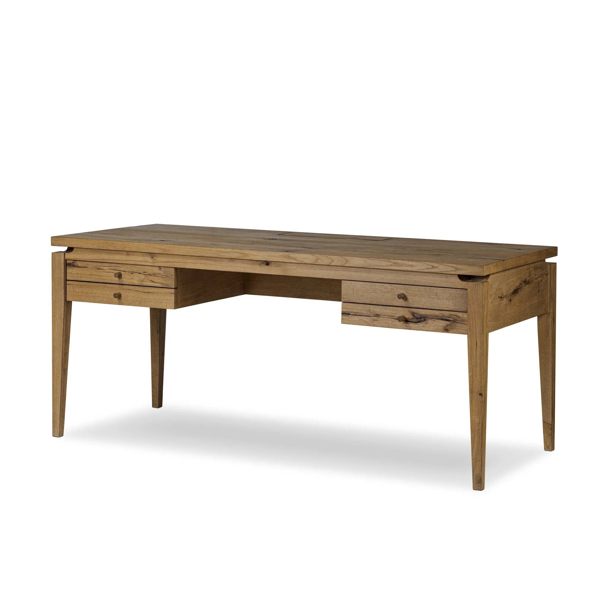 Warm up your workspace with this light-finished writing desk of rich character oak. Tapered legs and subtle corner relief details create a simplified look that complements a home office or flex space. Amethyst Home provides interior design, new home construction design consulting, vintage area rugs, and lighting in the Miami metro area.