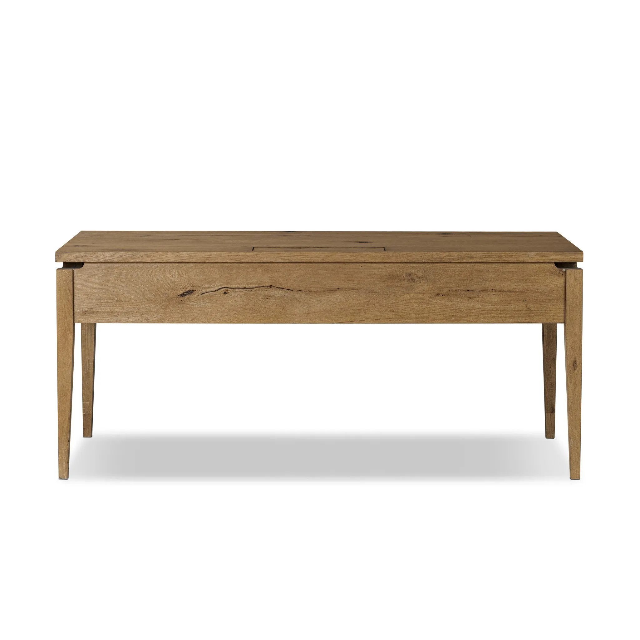 Warm up your workspace with this light-finished writing desk of rich character oak. Tapered legs and subtle corner relief details create a simplified look that complements a home office or flex space. Amethyst Home provides interior design, new home construction design consulting, vintage area rugs, and lighting in the Salt Lake City metro area.