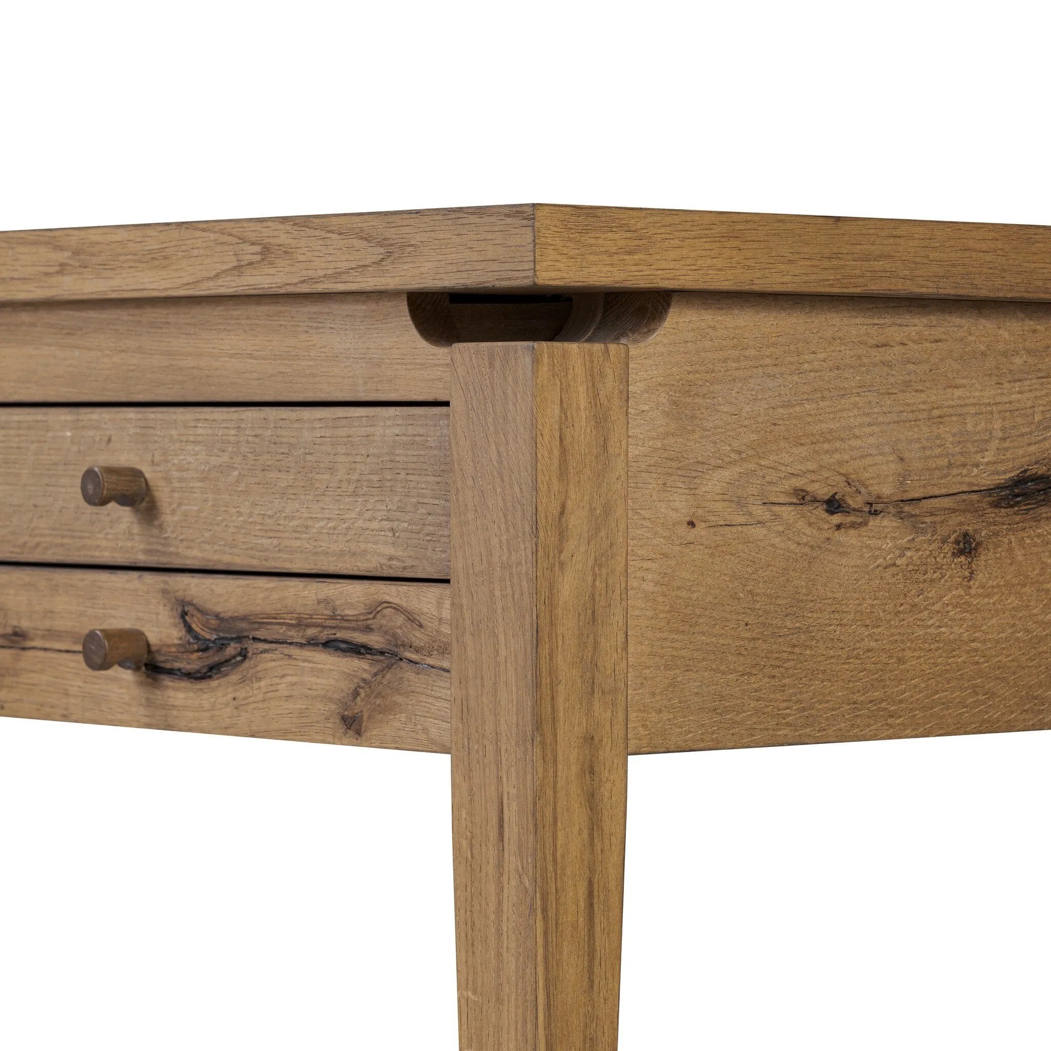 Warm up your workspace with this light-finished writing desk of rich character oak. Tapered legs and subtle corner relief details create a simplified look that complements a home office or flex space. Amethyst Home provides interior design, new home construction design consulting, vintage area rugs, and lighting in the San Diego metro area.