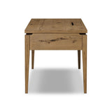 Warm up your workspace with this light-finished writing desk of rich character oak. Tapered legs and subtle corner relief details create a simplified look that complements a home office or flex space. Amethyst Home provides interior design, new home construction design consulting, vintage area rugs, and lighting in the Tampa metro area.