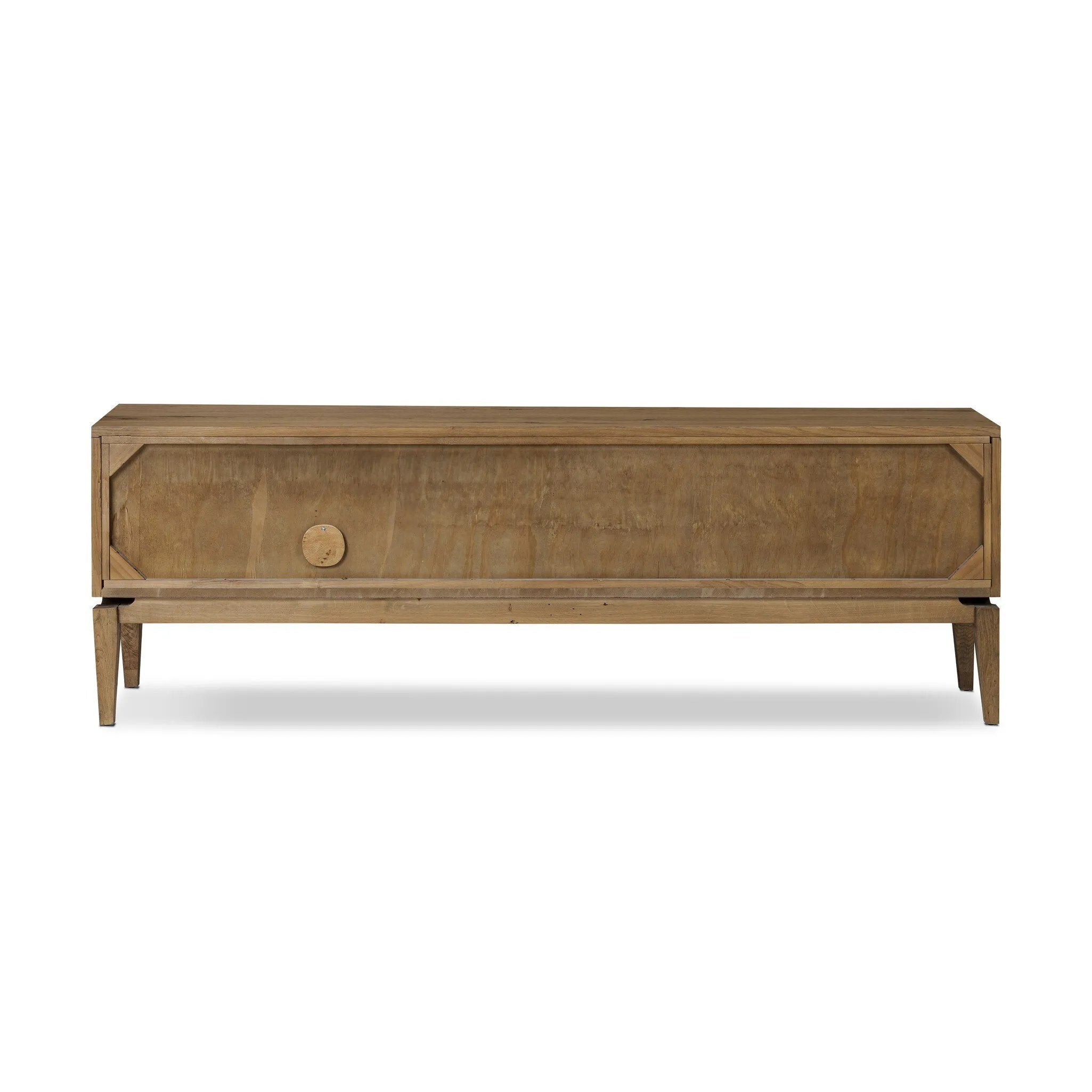 Light, natural oak reflects the New American inspiration behind this storage-driven console of warm, natural oak. Elevated on tapered legs with corner relief accents, its asymmetrical design offers storage for your media needs and more Amethyst Home provides interior design, new home construction design consulting, vintage area rugs, and lighting in the Dallas metro area.