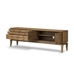 Light, natural oak reflects the New American inspiration behind this storage-driven console of warm, natural oak. Elevated on tapered legs with corner relief accents, its asymmetrical design offers storage for your media needs and more Amethyst Home provides interior design, new home construction design consulting, vintage area rugs, and lighting in the Monterey metro area.