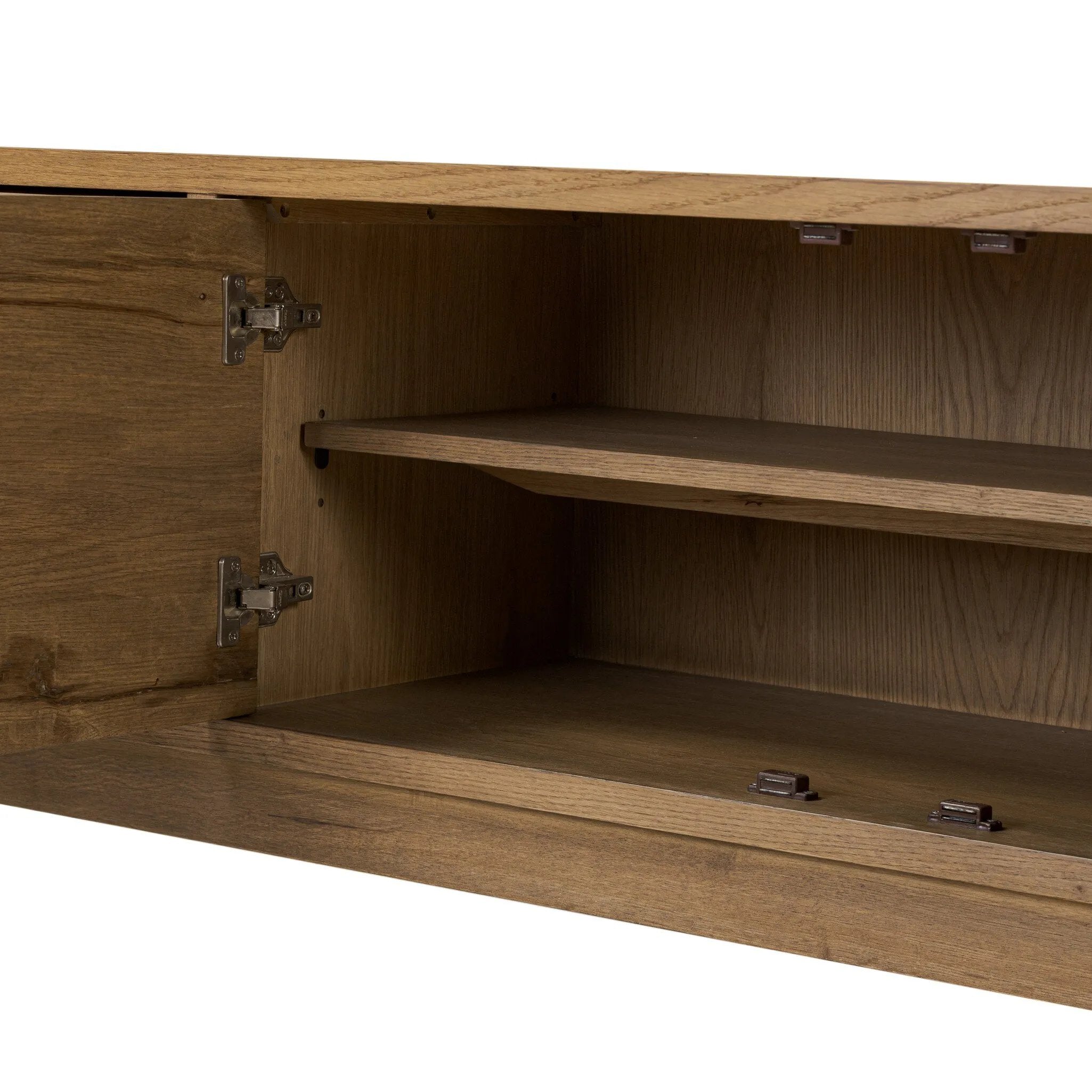 Light, natural oak reflects the New American inspiration behind this storage-driven console of warm, natural oak. Elevated on tapered legs with corner relief accents, its asymmetrical design offers storage for your media needs and more Amethyst Home provides interior design, new home construction design consulting, vintage area rugs, and lighting in the Nashville metro area.