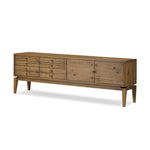 Light, natural oak reflects the New American inspiration behind this storage-driven console of warm, natural oak. Elevated on tapered legs with corner relief accents, its asymmetrical design offers storage for your media needs and more Amethyst Home provides interior design, new home construction design consulting, vintage area rugs, and lighting in the Portland metro area.