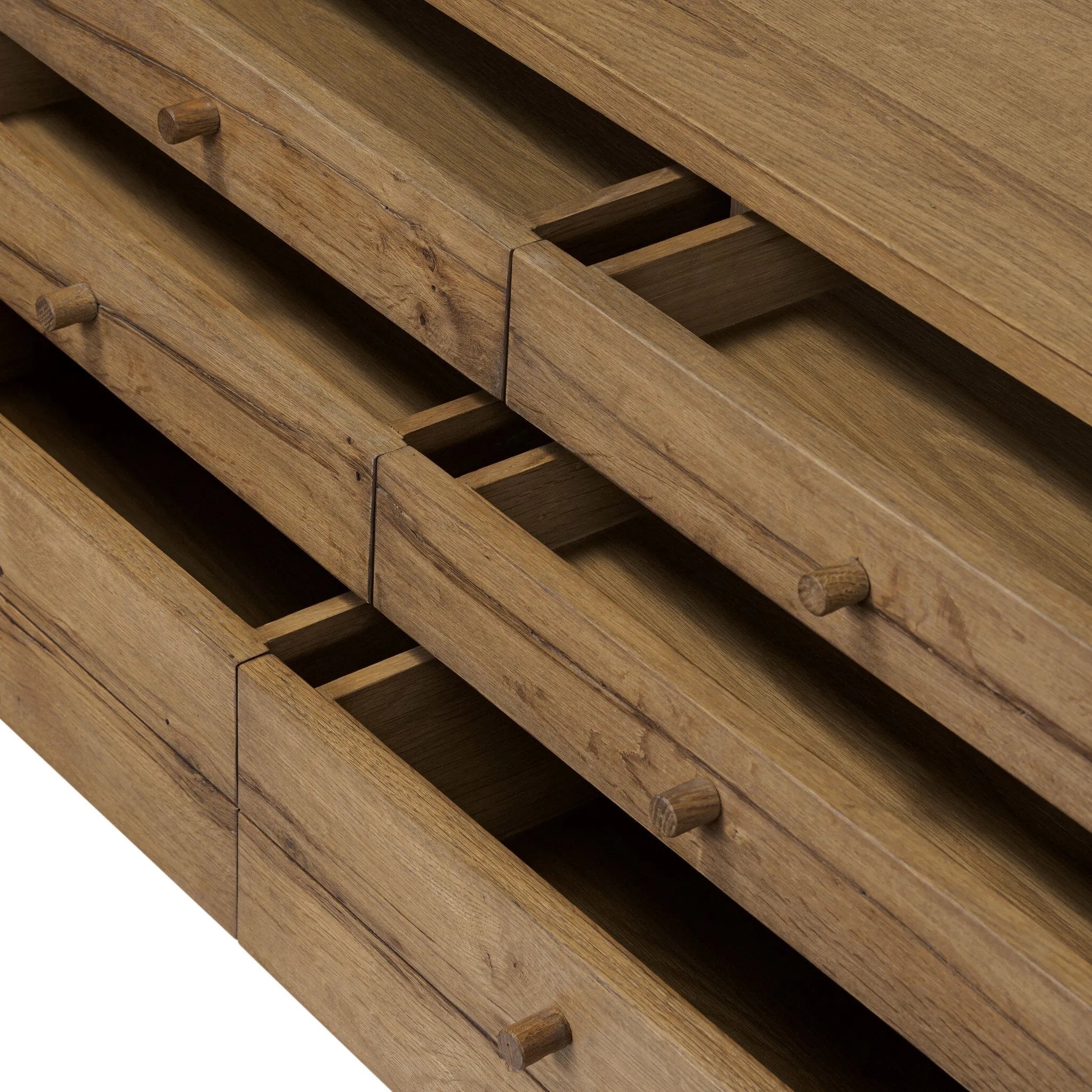 Light, natural oak reflects the New American inspiration behind this storage-driven console of warm, natural oak. Elevated on tapered legs with corner relief accents, its asymmetrical design offers storage for your media needs and more Amethyst Home provides interior design, new home construction design consulting, vintage area rugs, and lighting in the Washington metro area.