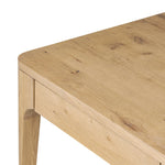 Tapered, curved legs highlight this three-drawer aged-oak writing desk crafted with solid and thick wood veneers Amethyst Home provides interior design, new home construction design consulting, vintage area rugs, and lighting in the Houston metro area.