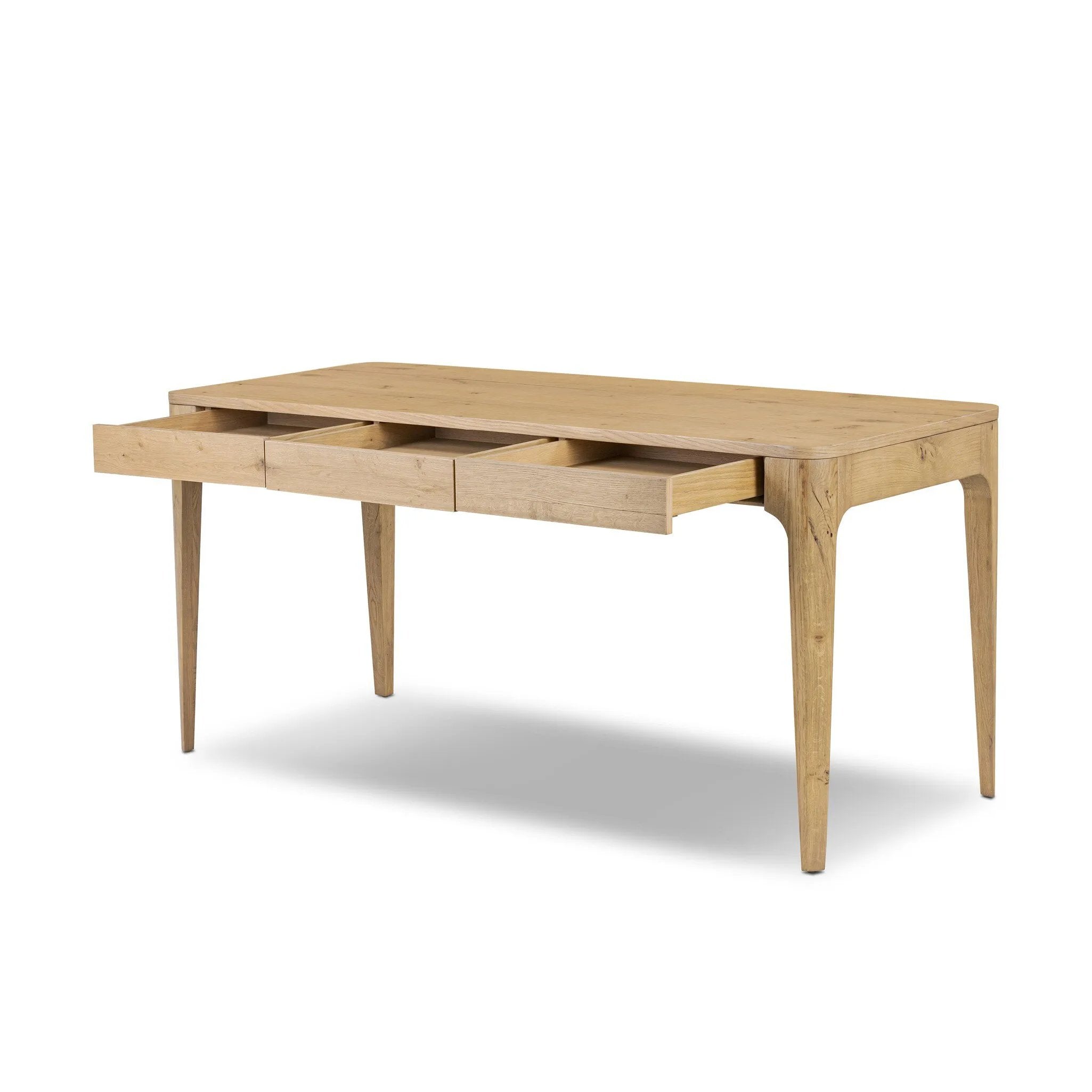 Tapered, curved legs highlight this three-drawer aged-oak writing desk crafted with solid and thick wood veneers Amethyst Home provides interior design, new home construction design consulting, vintage area rugs, and lighting in the Portland metro area.