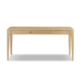 Tapered, curved legs highlight this three-drawer aged-oak writing desk crafted with solid and thick wood veneers Amethyst Home provides interior design, new home construction design consulting, vintage area rugs, and lighting in the Scottsdale metro area.