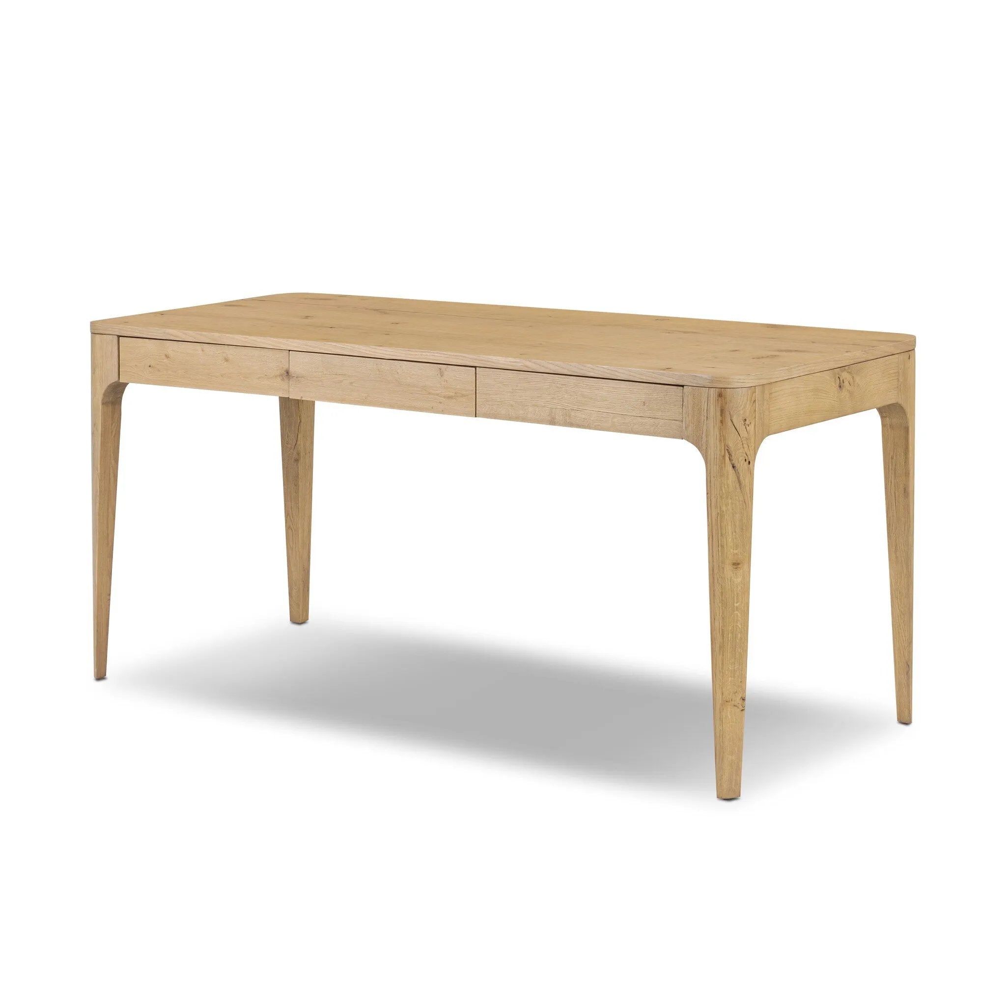 Tapered, curved legs highlight this three-drawer aged-oak writing desk crafted with solid and thick wood veneers Amethyst Home provides interior design, new home construction design consulting, vintage area rugs, and lighting in the Washington metro area.
