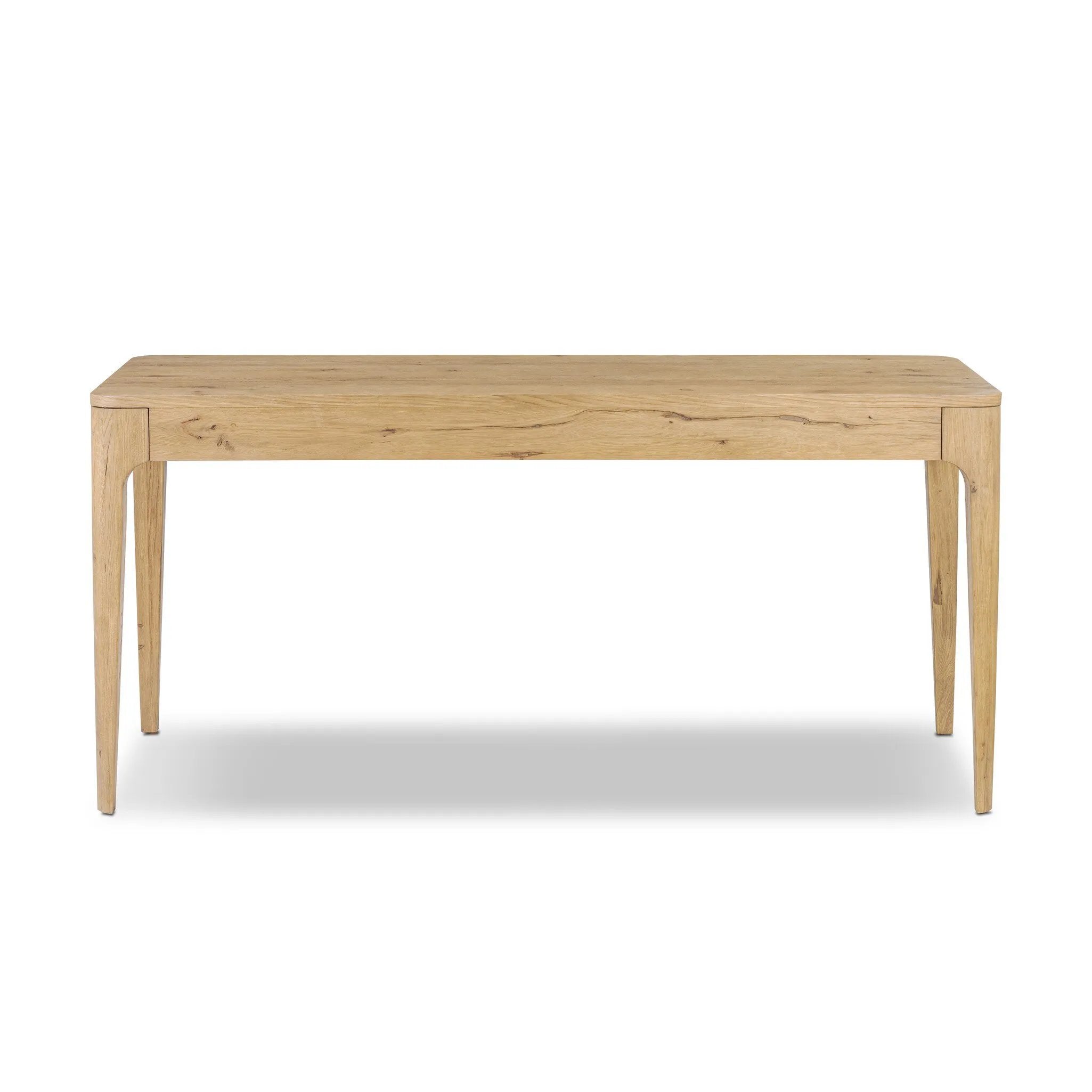 Tapered, curved legs highlight this three-drawer aged-oak writing desk crafted with solid and thick wood veneers Amethyst Home provides interior design, new home construction design consulting, vintage area rugs, and lighting in the Winter Garden metro area.