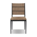 A steel dining chair frame is softened and paired with natural woven fibers. Thin, tapered legs and a tall channeled back create visual interest and relief across the entire piece. Seat and back are covered in naturally sustainable and durable agel fibers Amethyst Home provides interior design, new home construction design consulting, vintage area rugs, and lighting in the Salt Lake City metro area.