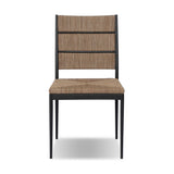 A steel dining chair frame is softened and paired with natural woven fibers. Thin, tapered legs and a tall channeled back create visual interest and relief across the entire piece. Seat and back are covered in naturally sustainable and durable agel fibers Amethyst Home provides interior design, new home construction design consulting, vintage area rugs, and lighting in the Salt Lake City metro area.