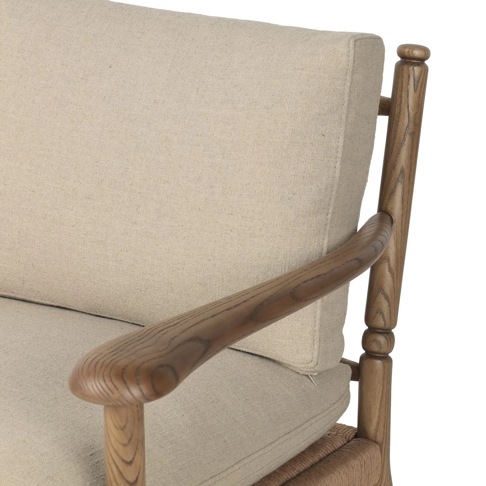 Featuring Bethan Antwerp Taupe Chair by Four Hands at Amethyst Home. Unique texture modernizes this vintage-inspired design. On its back, natural paper cord is woven into a geometric windowpane, for a truly unique touch. Paddle arms, eased edges and petite finials reflect the expert artisanship behind this versatile piece, while feather-blend box cushions . Amethyst Home provides interior design, new home construction design consulting, vintage area rugs, and lighting in the Des Moines metro area.