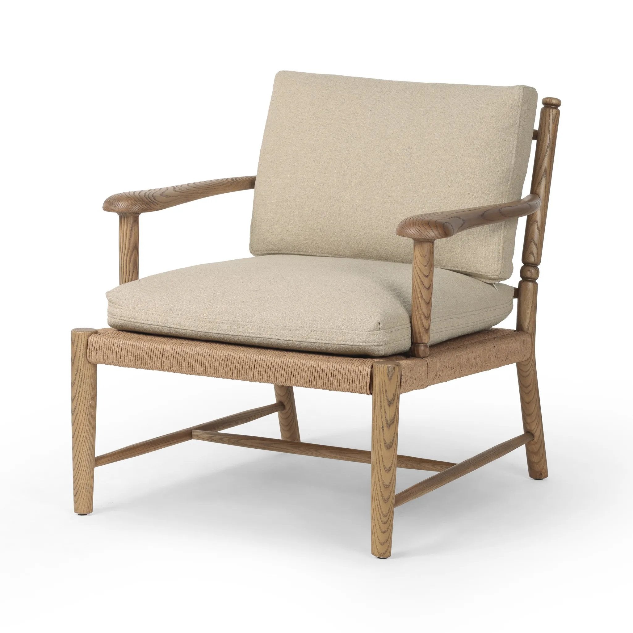 Featuring Bethan Antwerp Taupe Chair by Four Hands at Amethyst Home. Unique texture modernizes this vintage-inspired design. On its back, natural paper cord is woven into a geometric windowpane, for a truly unique touch. Paddle arms, eased edges and petite finials reflect the expert artisanship behind this versatile piece, while feather-blend box cushions. Amethyst Home provides interior design, new home construction design consulting, vintage area rugs, and lighting in the Kansas City metro area.