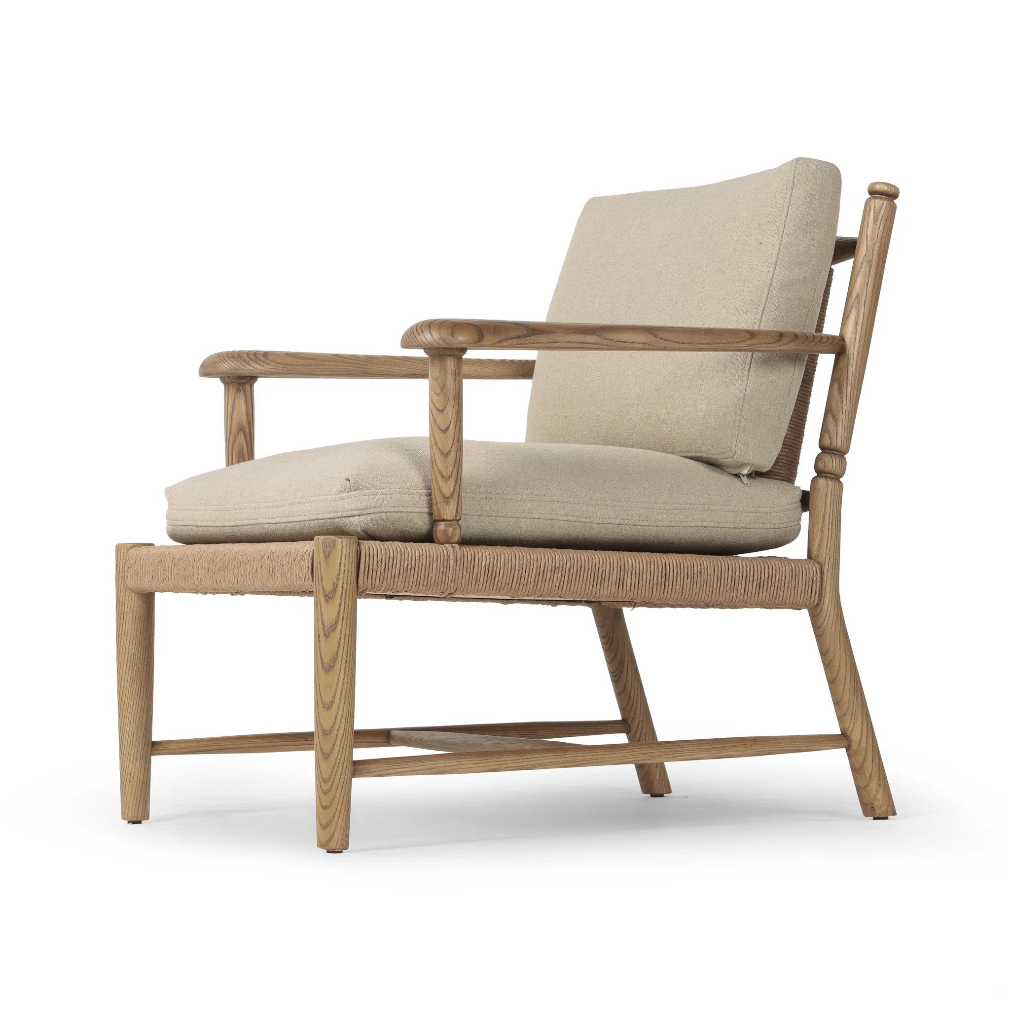 Featuring Bethan Antwerp Taupe Chair by Four Hands at Amethyst Home. Unique texture modernizes this vintage-inspired design. On its back, natural paper cord is woven into a geometric windowpane, for a truly unique touch. Paddle arms, eased edges and petite finials reflect the expert artisanship behind this versatile piece, while feather-blend box cushions invit. Amethyst Home provides interior design, new home construction design consulting, vintage area rugs, and lighting in the Miami metro area.