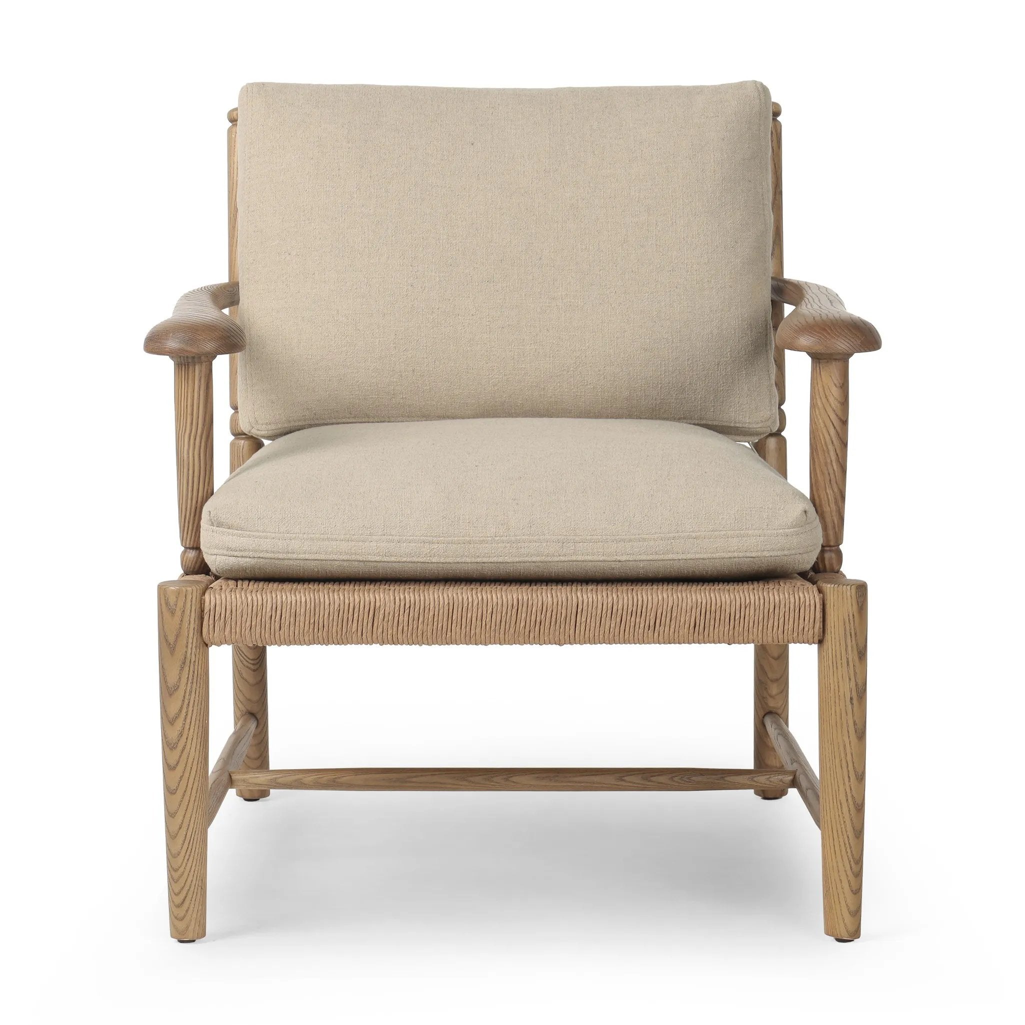 Featuring Bethan Antwerp Taupe Chair by Four Hands at Amethyst Home. Unique texture modernizes this vintage-inspired design. On its back, natural paper cord is woven into a geometric windowpane, for a truly unique touch. Paddle arms, eased edges and petite finials reflect the expert artisanship behind this versatile piece, while feather-blend box cushions . Amethyst Home provides interior design, new home construction design consulting, vintage area rugs, and lighting in the Scottsdale metro area.
