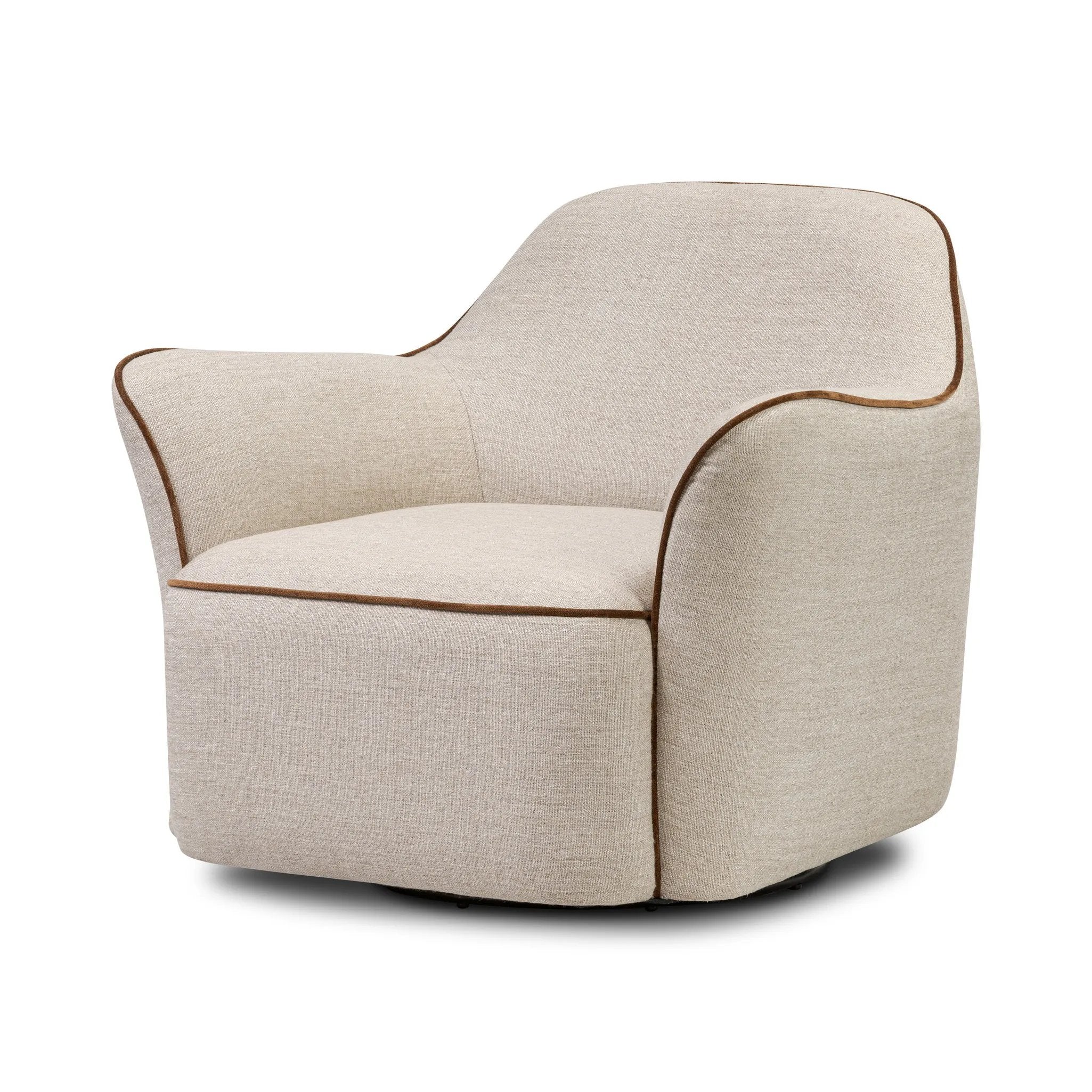 Laid-back wing styling adds dramatic form to this tailored 360-degree swivel chair upholstered in poly-linen performance fabric. The flared arms and comfortable S-spring seat are outlined in piping. Performance fabrics are specially created to withstand spills, stains, high traffic and wear, ensuring long-term comfort and unmatched durability Amethyst Home provides interior design, new home construction design consulting, vintage area rugs, and lighting in the Boston metro area.