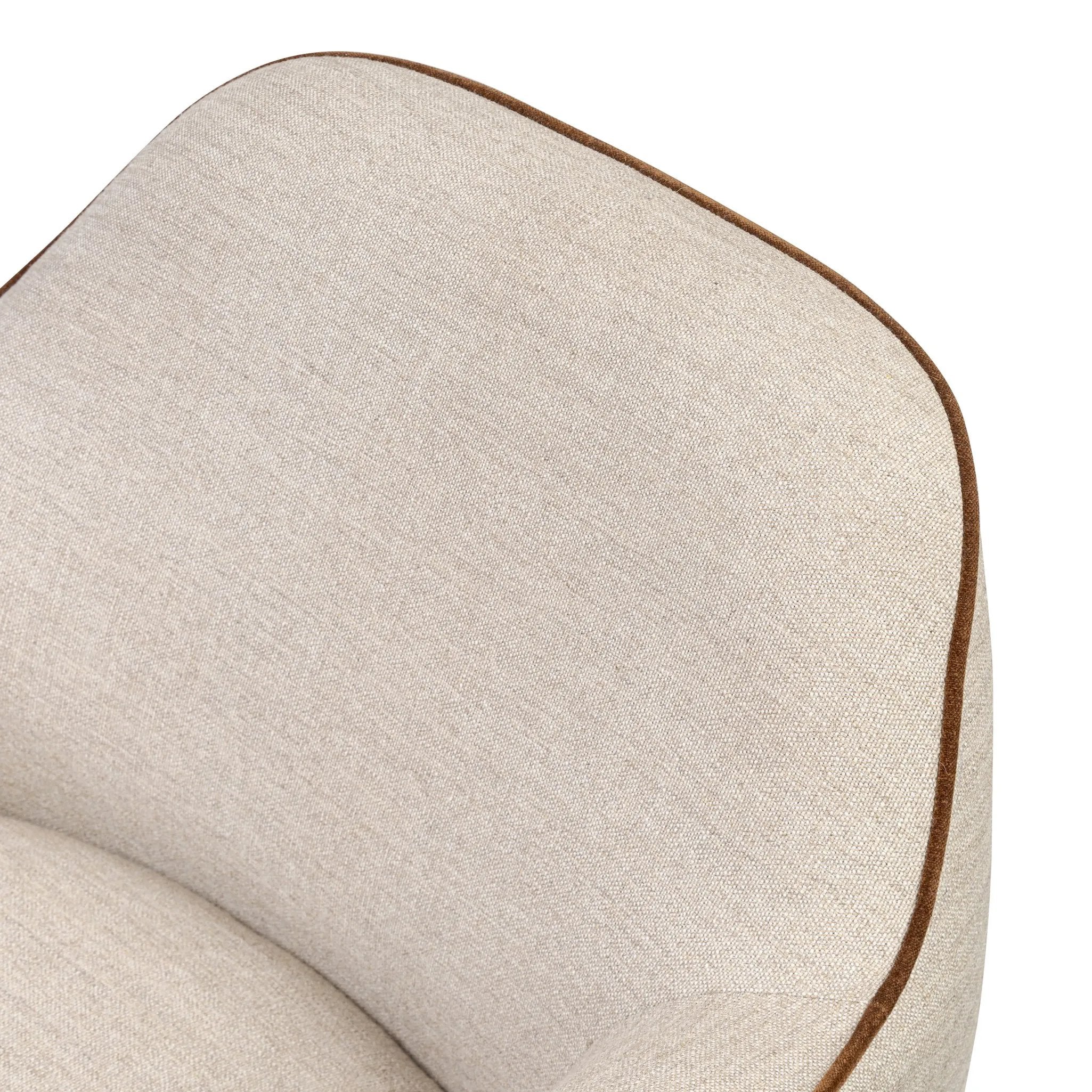 Laid-back wing styling adds dramatic form to this tailored 360-degree swivel chair upholstered in poly-linen performance fabric. The flared arms and comfortable S-spring seat are outlined in piping. Performance fabrics are specially created to withstand spills, stains, high traffic and wear, ensuring long-term comfort and unmatched durability Amethyst Home provides interior design, new home construction design consulting, vintage area rugs, and lighting in the Dallas metro area.