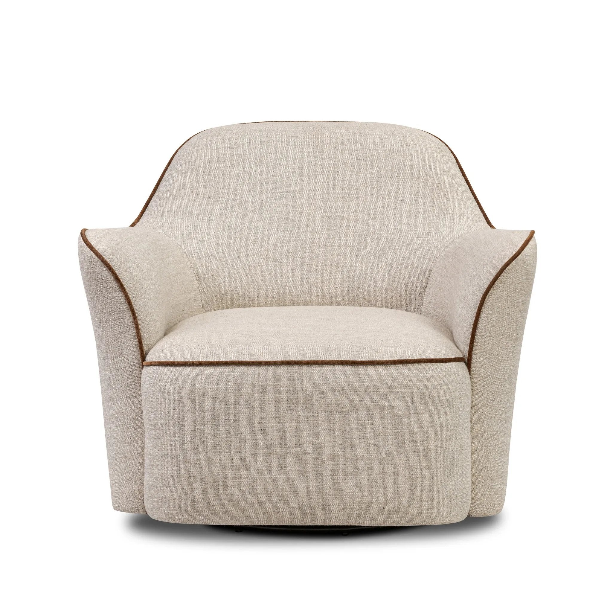 Laid-back wing styling adds dramatic form to this tailored 360-degree swivel chair upholstered in poly-linen performance fabric. The flared arms and comfortable S-spring seat are outlined in piping. Performance fabrics are specially created to withstand spills, stains, high traffic and wear, ensuring long-term comfort and unmatched durability Amethyst Home provides interior design, new home construction design consulting, vintage area rugs, and lighting in the San Diego metro area.