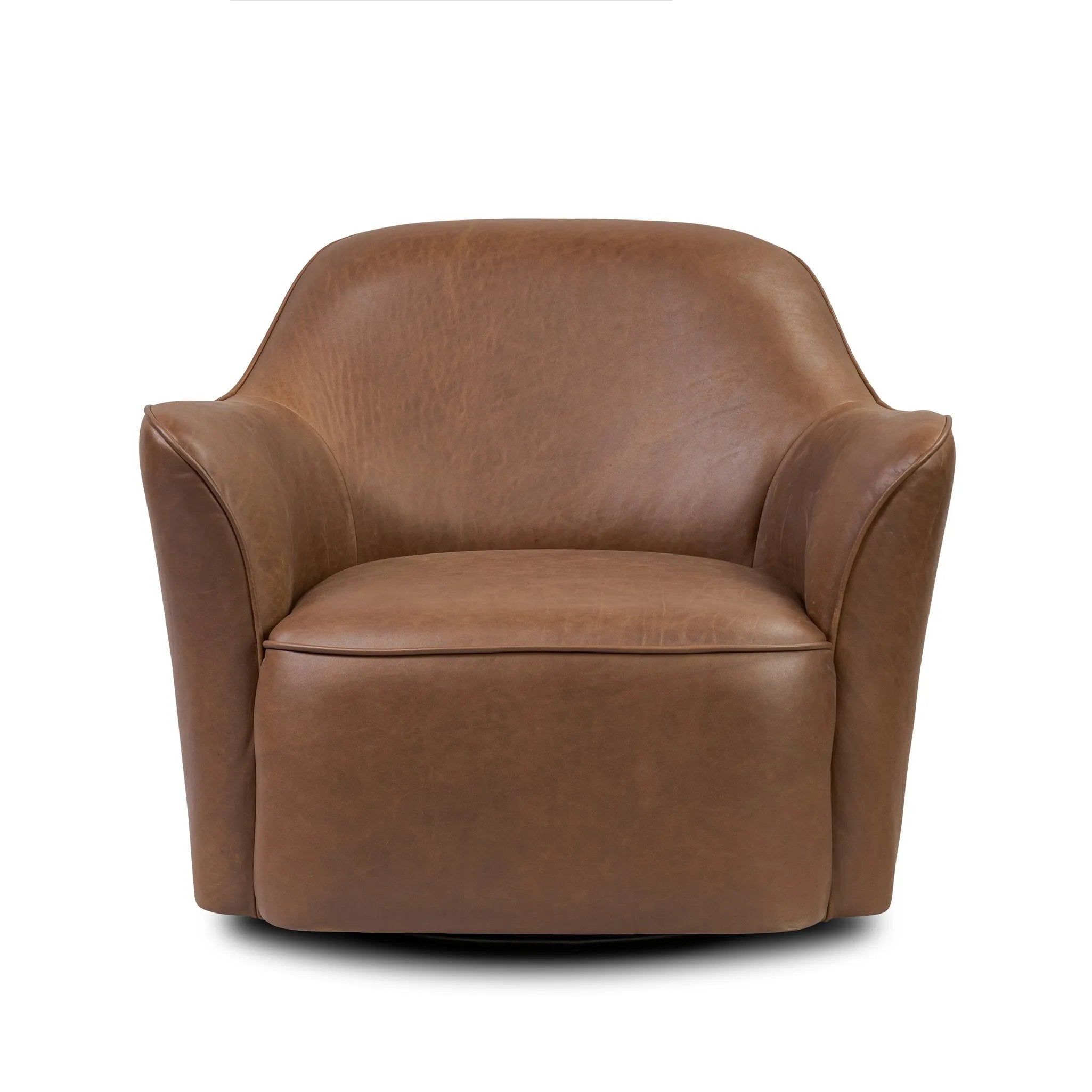 Smooth lines and impeccable tailoring bring a clean, elevated look to this modernized 360 swivel chair. Made from top-grain leather with a rich mahogany finish, flared arms and piping trim reflect the intention behind this timeless design Amethyst Home provides interior design, new home construction design consulting, vintage area rugs, and lighting in the Boston metro area.