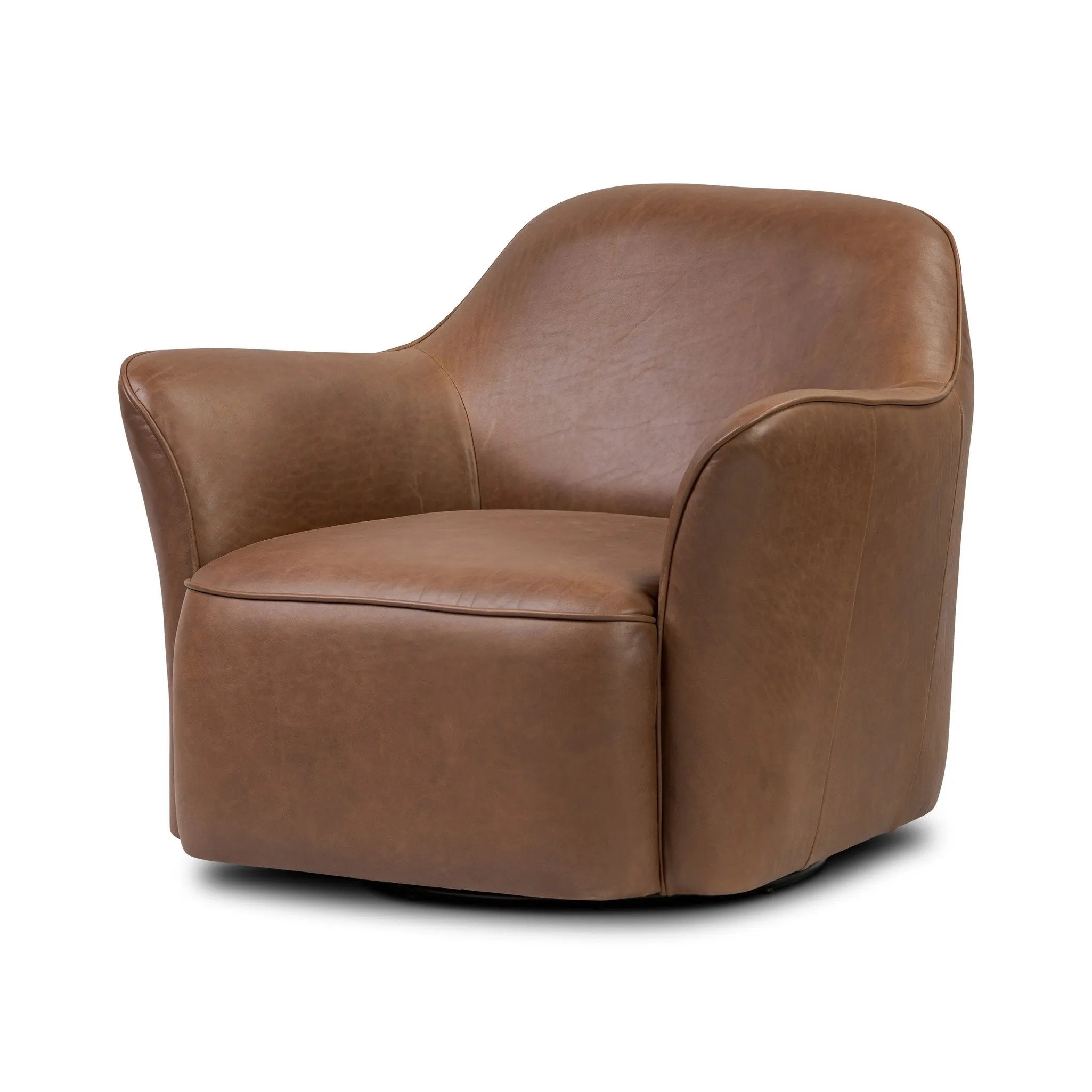 Smooth lines and impeccable tailoring bring a clean, elevated look to this modernized 360 swivel chair. Made from top-grain leather with a rich mahogany finish, flared arms and piping trim reflect the intention behind this timeless design Amethyst Home provides interior design, new home construction design consulting, vintage area rugs, and lighting in the Des Moines metro area.