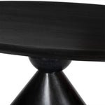 A sculptural showstopper inspired by Italian design. Finished in smoked honey, a cone-tapered parawood base supports an oval tabletop separated by black-finished marble detailing.As enthusiasts of modern aesthetics at Amethyst, we love the warm modern inspired Bibianna Oval Dining Table - Black Marble - Worn Black Parawood. Amethyst Home provides interior design, new home construction design consulting, vintage area rugs, and lighting in the Laguna Beach metro area.