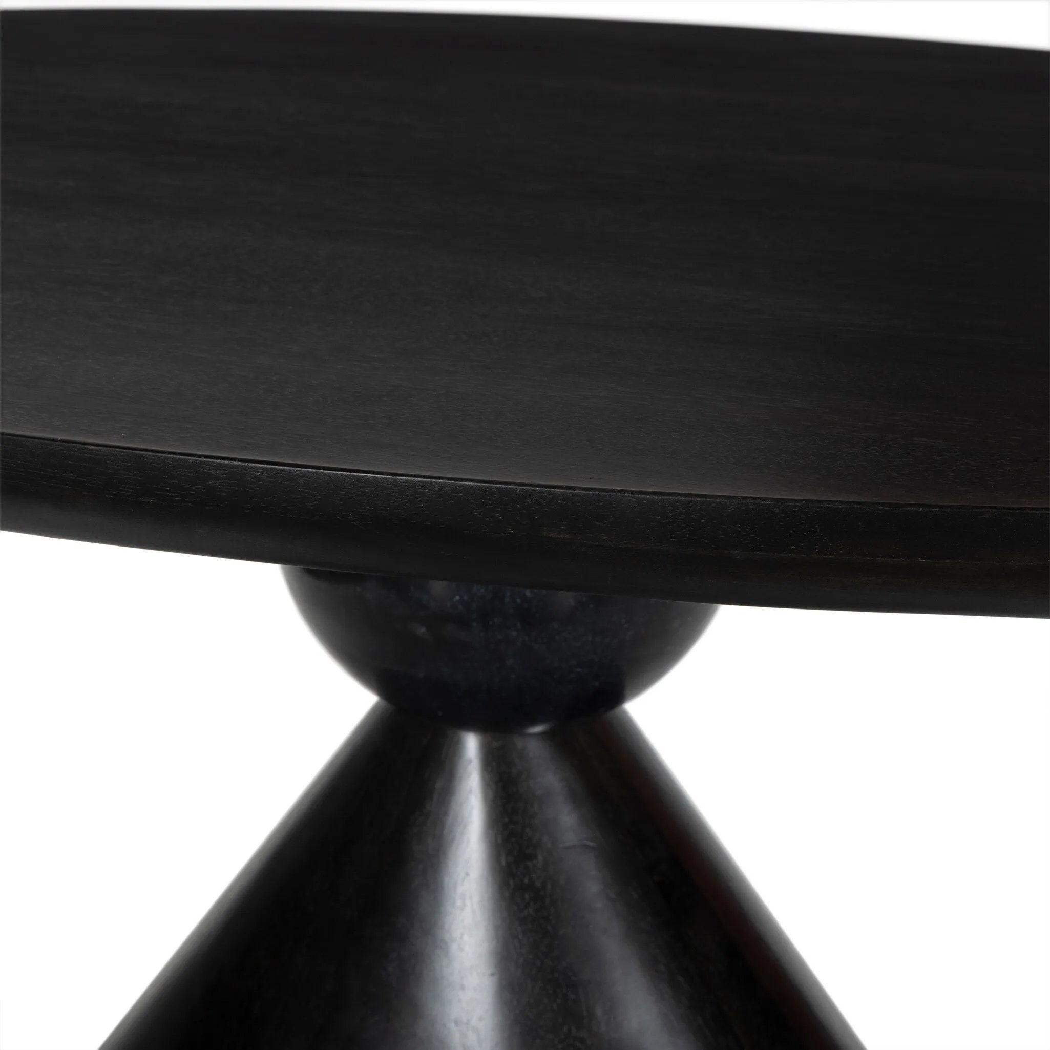 A sculptural showstopper inspired by Italian design. Finished in smoked honey, a cone-tapered parawood base supports an oval tabletop separated by black-finished marble detailing.As enthusiasts of modern aesthetics at Amethyst, we love the warm modern inspired Bibianna Oval Dining Table - Black Marble - Worn Black Parawood. Amethyst Home provides interior design, new home construction design consulting, vintage area rugs, and lighting in the Laguna Beach metro area.