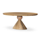 A sculptural showstopper inspired by Italian design. Finished in smoked honey, a cone-tapered parawood base supports an oval tabletop separated by blush-finished marble detailing.As enthusiasts of luxe aesthetics at Amethyst, we love the warm modern inspired Bibianna Oval Dining Table - Blush Marble - Smoked Honey. Amethyst Home provides interior design, new home construction design consulting, vintage area rugs, and lighting in the Alpharetta metro area.