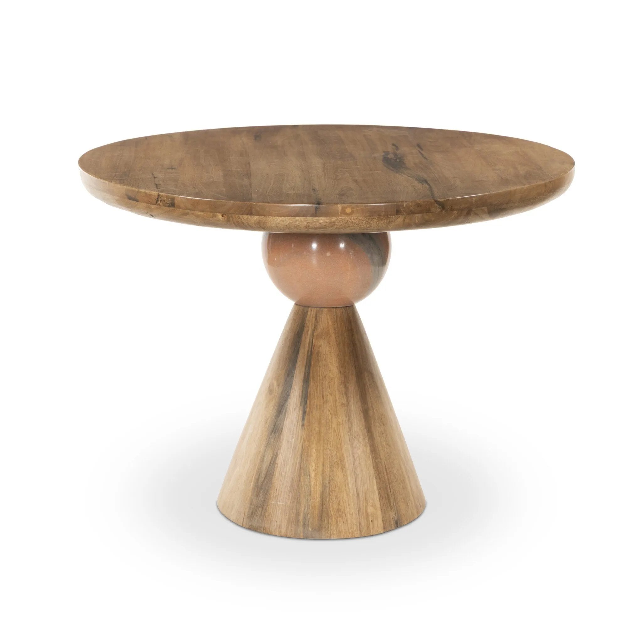 A sculptural showstopper inspired by Italian design. Finished in smoked honey, a cone-tapered parawood base supports an oval tabletop separated by blush-finished marble detailing.As enthusiasts of luxe aesthetics at Amethyst, we love the warm modern inspired Bibianna Oval Dining Table - Blush Marble - Smoked Honey. Amethyst Home provides interior design, new home construction design consulting, vintage area rugs, and lighting in the Calabasas metro area.