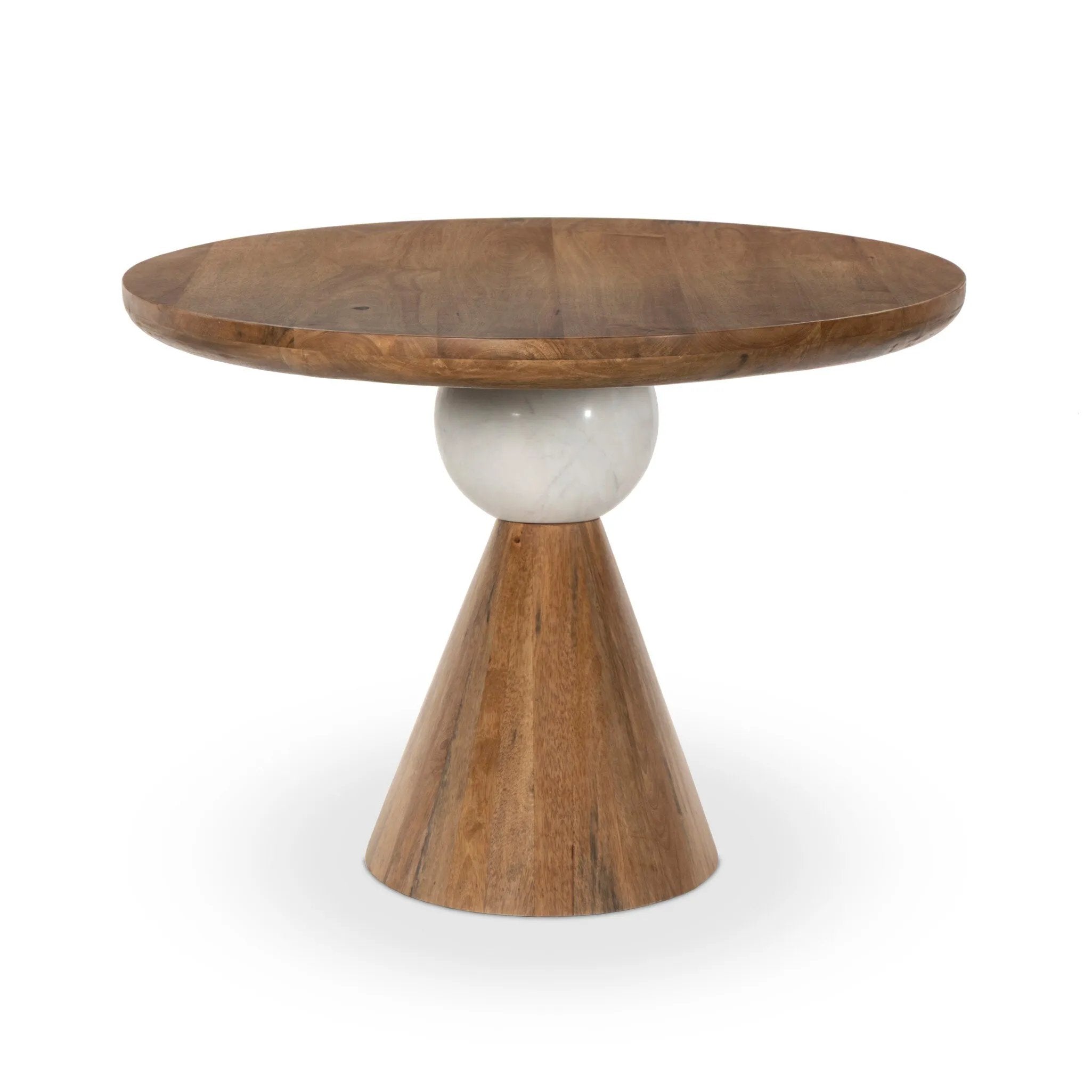 A sculptural showstopper inspired by Italian design. Finished in smoked honey, a cone-tapered parawood base supports an oval tabletop separated by white-finished marble detailing.As lovers of clean aesthetics at Amethyst, we love the nature inspired Bibianna Oval Dining Table - Honed White Marble - Smoked Honey. Amethyst Home provides interior design, new home construction design consulting, vintage area rugs, and lighting in the Dallas metro area.