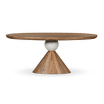 A sculptural showstopper inspired by Italian design. Finished in smoked honey, a cone-tapered parawood base supports an oval tabletop separated by white-finished marble detailing.As lovers of clean aesthetics at Amethyst, we love the nature inspired Bibianna Oval Dining Table - Honed White Marble - Smoked Honey. Amethyst Home provides interior design, new home construction design consulting, vintage area rugs, and lighting in the Houston metro area.