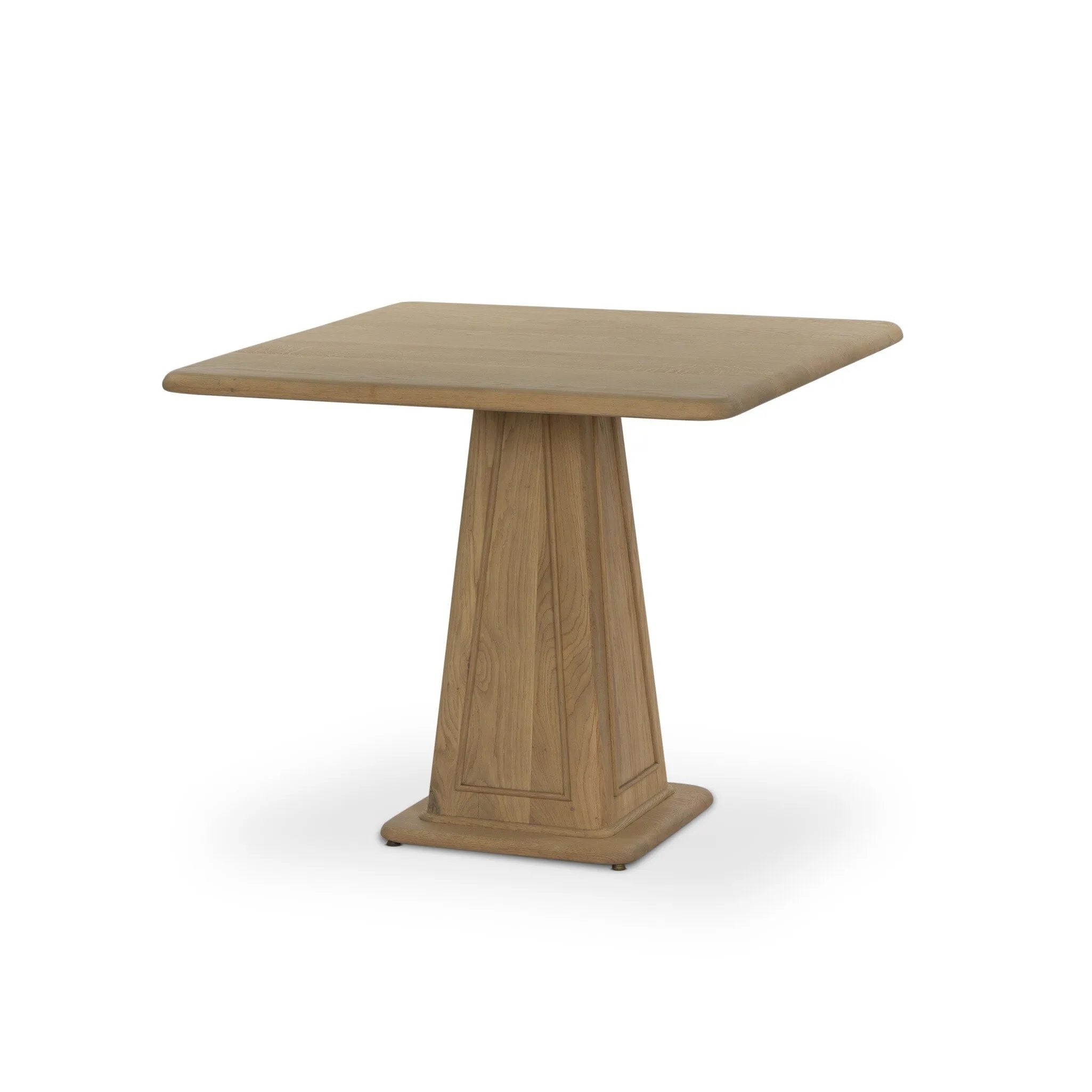 A squared shape and smaller scale makes this bistro-style table perfect for intimate spaces. Made from solid oak with a beautifully light finish, a tapered base and softened bullnose edges reflect a traditional look that works into any space with ease. Amethyst Home provides interior design, new home construction design consulting, vintage area rugs, and lighting in the Des Moines metro area.