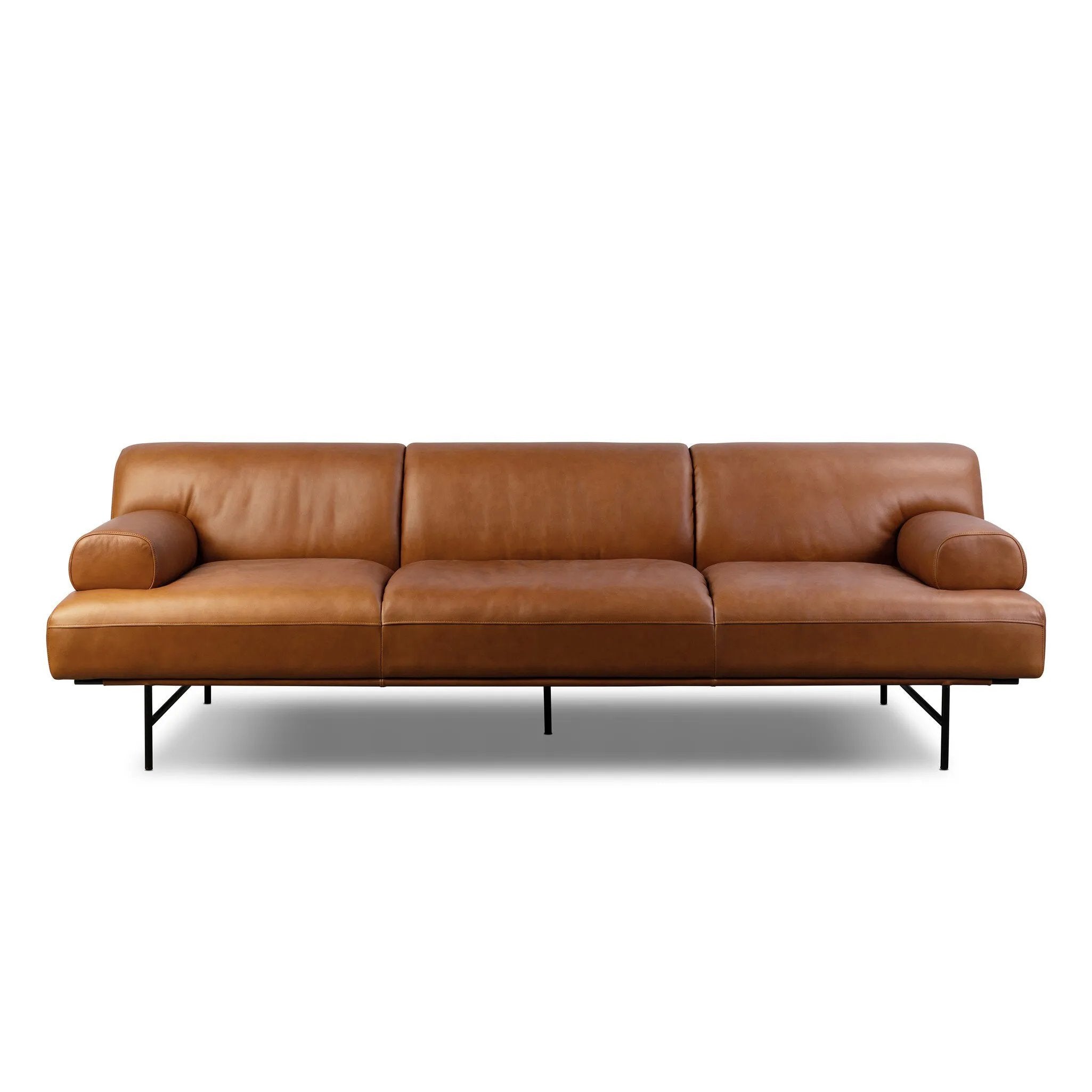 A low-slung and layered design inspired by mid-century Italian seating. The sofa balances a slim metal frame with a voluminous feather-blended interior wrapped in top-grain leather that only gets better with age.As enthusiasts of luxe style at Amethyst, we love the nature inspired Blaine Sofa -96" - Lorento Cognac. Amethyst Home provides interior design, new home construction design consulting, vintage area rugs, and lighting in the Alpharetta metro area.