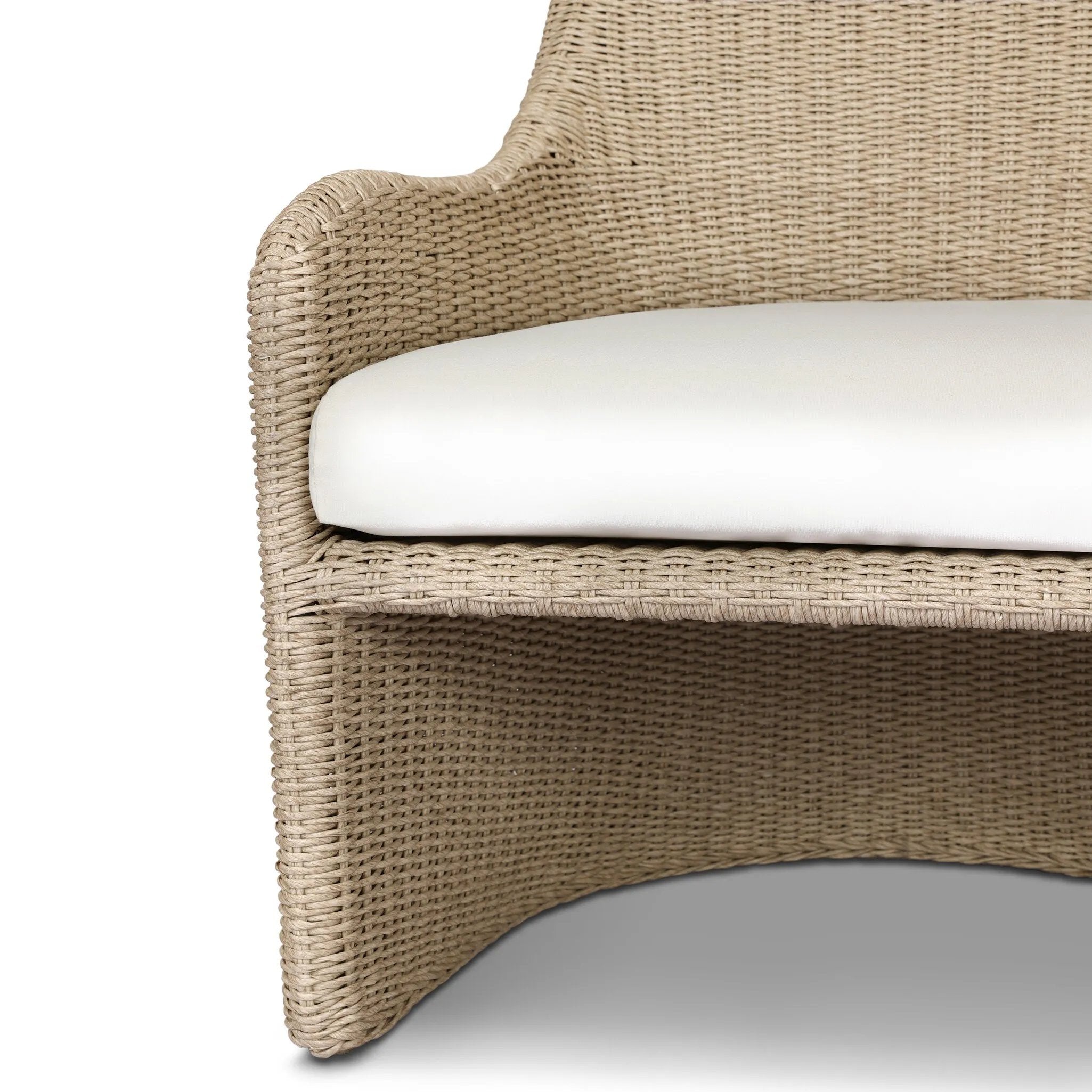 Sculptural and supportive with a high back, this fully woven outdoor lounge chair is finished with a cushion for an inviting seat. Cover or store inside during inclement weather and when not in use Amethyst Home provides interior design, new home construction design consulting, vintage area rugs, and lighting in the Calabasas metro area.