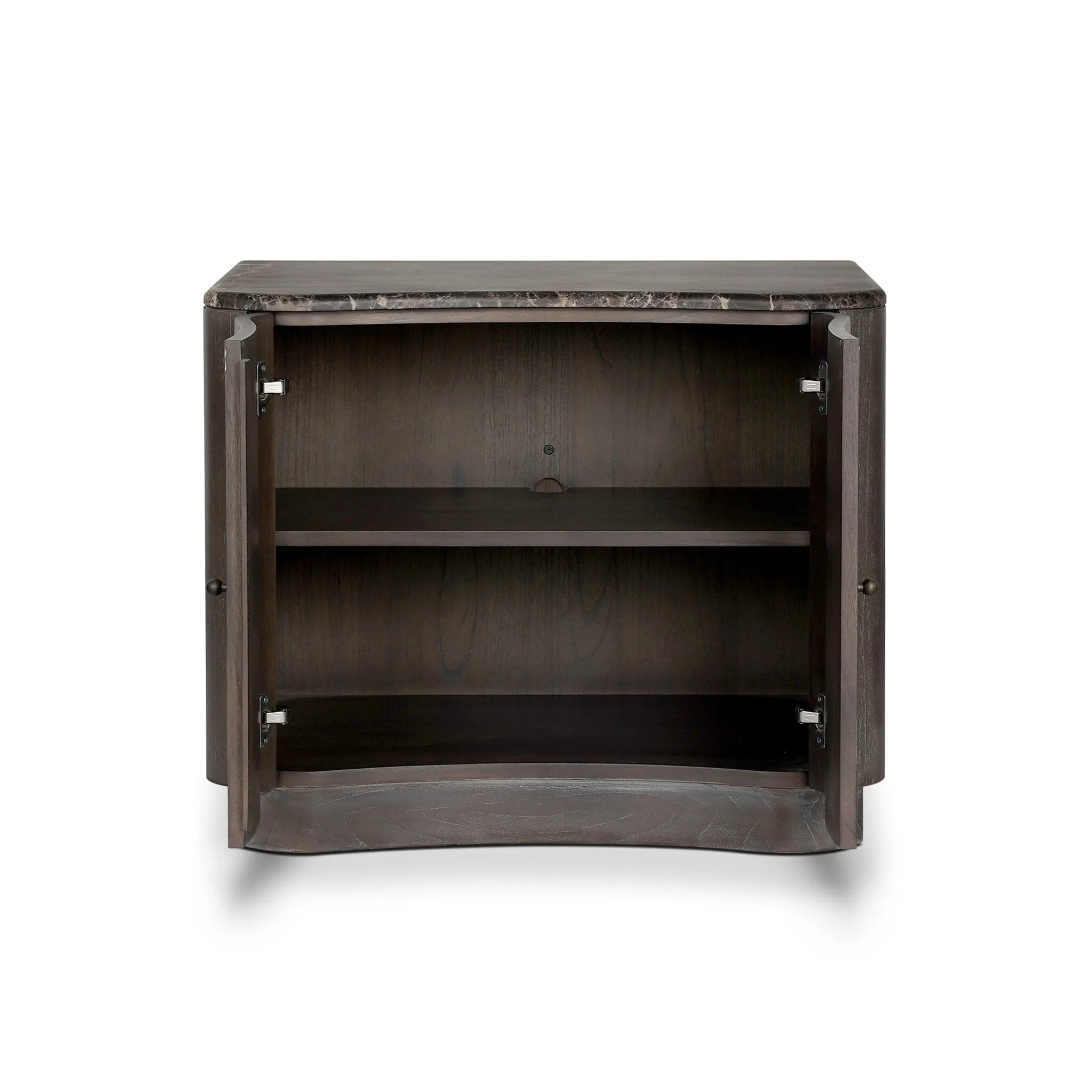 Fluid contours give shape to this solid mindi nightstand, topped with a dark brown marble top. Two doors with knobbed pulls open to inset shelves for organized bedside storage.As enthusiasts of luxe style at Amethyst, we love the optimistic inspired Boa Nightstand - Espresso Mindi Veneer - Dark Honed Emperador Marble. Amethyst Home provides interior design, new home construction design consulting, vintage area rugs, and lighting in the Austin metro area.