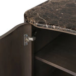 Fluid contours give shape to this solid mindi nightstand, topped with a dark brown marble top. Two doors with knobbed pulls open to inset shelves for organized bedside storage.As enthusiasts of luxe style at Amethyst, we love the optimistic inspired Boa Nightstand - Espresso Mindi Veneer - Dark Honed Emperador Marble. Amethyst Home provides interior design, new home construction design consulting, vintage area rugs, and lighting in the Dallas metro area.