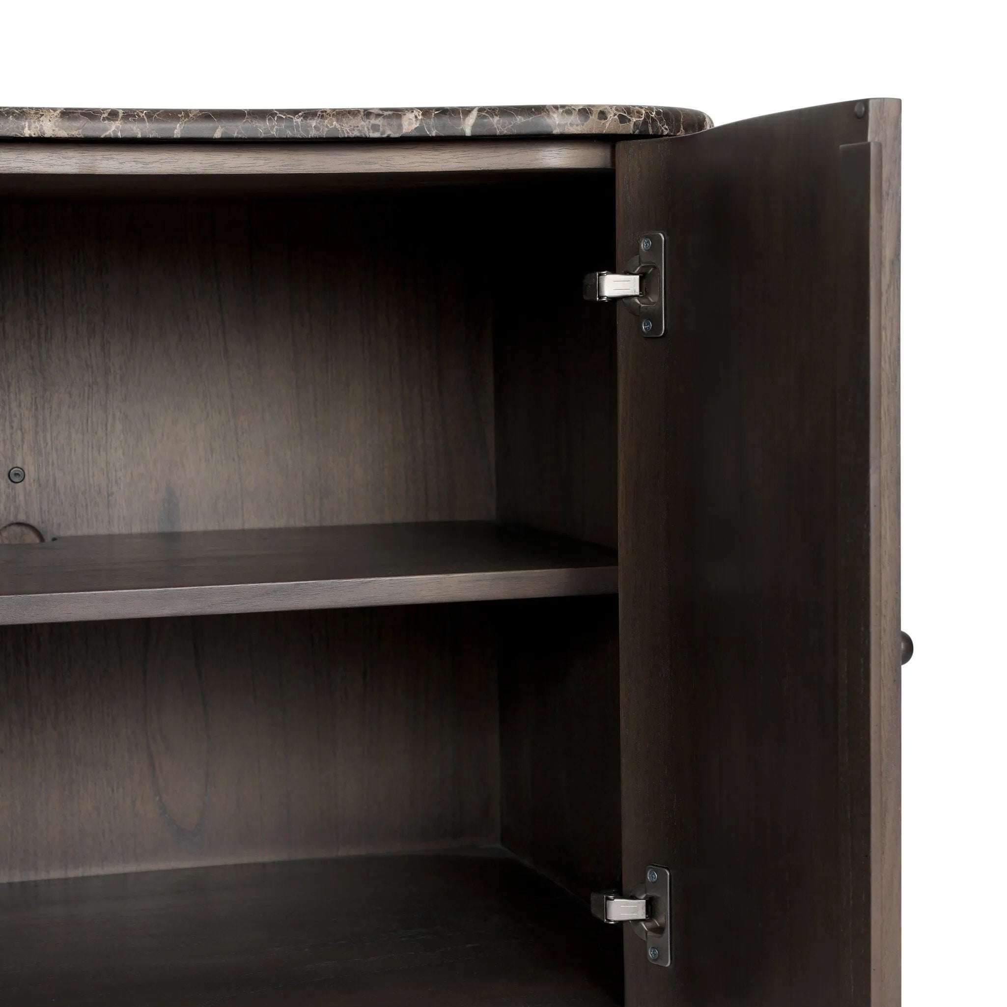 Fluid contours give shape to this solid mindi nightstand, topped with a dark brown marble top. Two doors with knobbed pulls open to inset shelves for organized bedside storage.As enthusiasts of luxe style at Amethyst, we love the optimistic inspired Boa Nightstand - Espresso Mindi Veneer - Dark Honed Emperador Marble. Amethyst Home provides interior design, new home construction design consulting, vintage area rugs, and lighting in the Miami metro area.