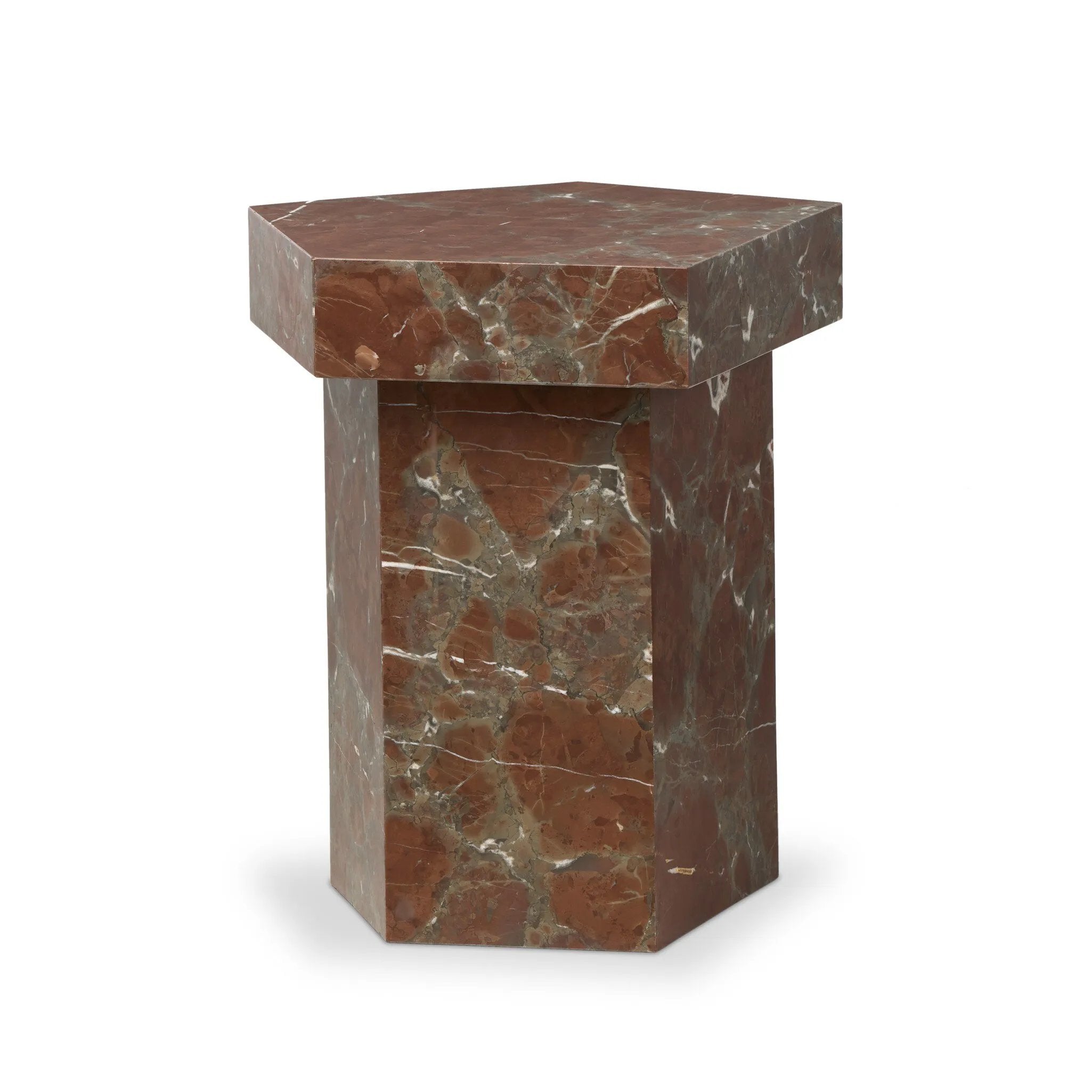 Featuring Brando Smoke and Russet Marble End Table by Four Hands at Amethyst Home. Add a unique piece to your collection with a solid marble end table. With an irregular pentagon shape and heavy natural veining in rich rust and grey tones, each piece varies for a look that's truly one of a kind. Overall Dimensions: 20.00"w x 19.00"d x 23.00"h. Amethyst Home provides interior design, new home construction design consulting, vintage area rugs, and lighting in the Newport Beach metro area.