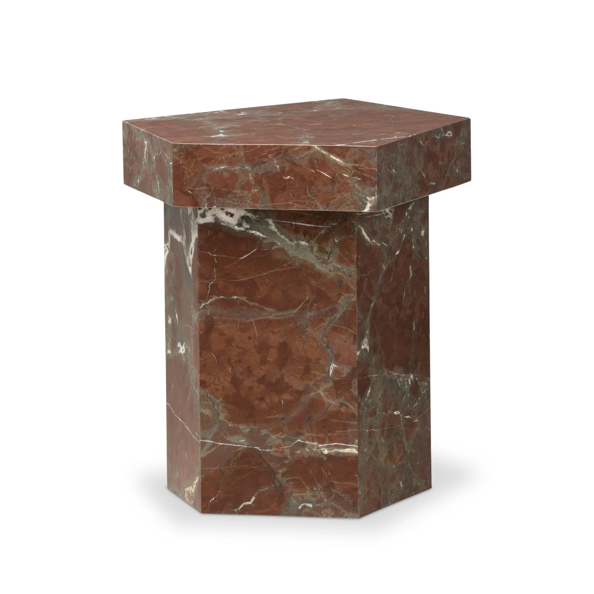 Featuring Brando Smoke and Russet Marble End Table by Four Hands at Amethyst Home. Add a unique piece to your collection with a solid marble end table. With an irregular pentagon shape and heavy natural veining in rich rust and grey tones, each piece varies for a look that's truly one of a kind. Overall Dimensions: 20.00"w x 19.00"d x 23.00"h. Amethyst Home provides interior design, new home construction design consulting, vintage area rugs, and lighting in the Winter Garden metro area.