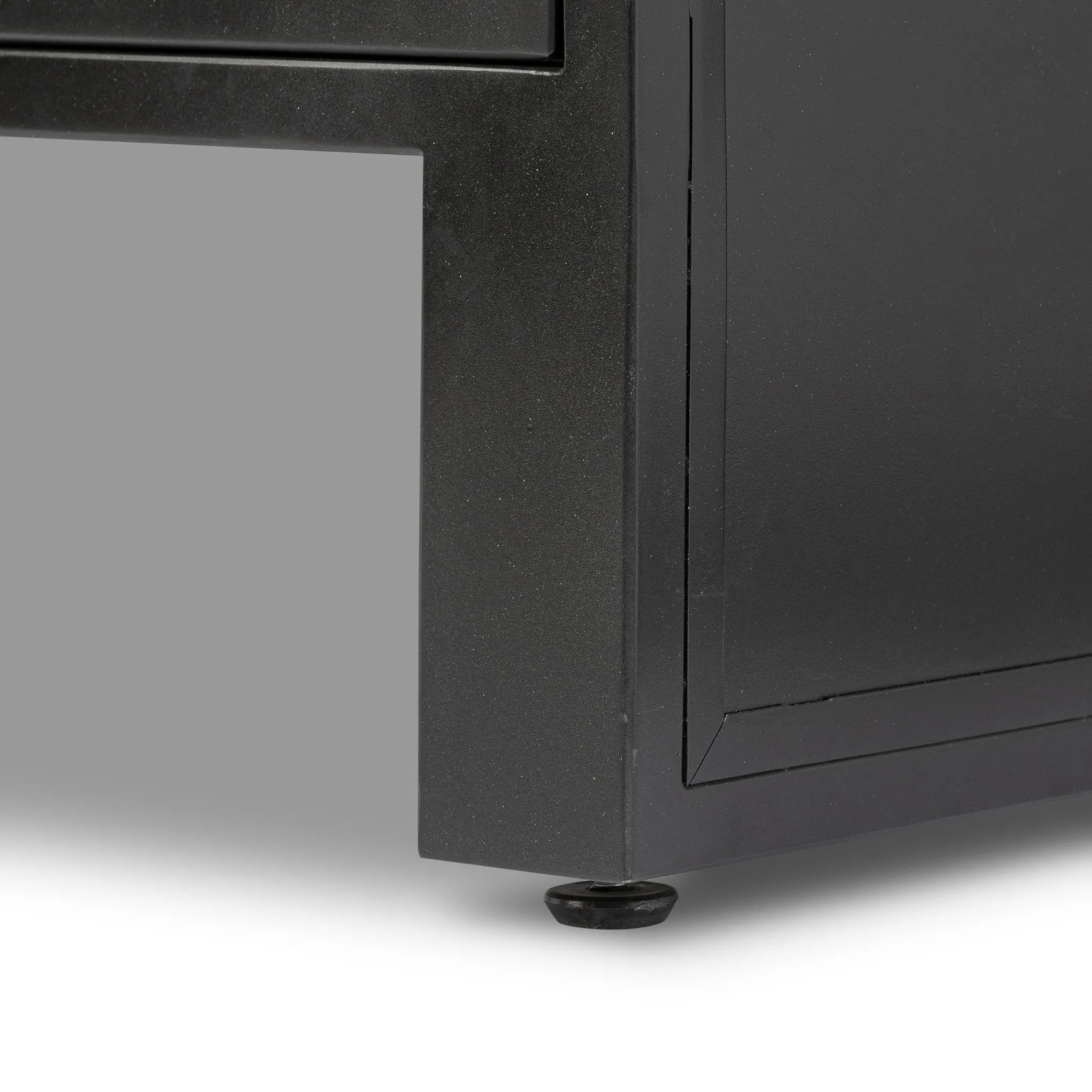 Bring a classic look to media storage with a console of black-finished iron, featuring simple bronzed hardware. Rear cutouts keep cords out of sight Amethyst Home provides interior design, new home construction design consulting, vintage area rugs, and lighting in the Des Moines metro area.