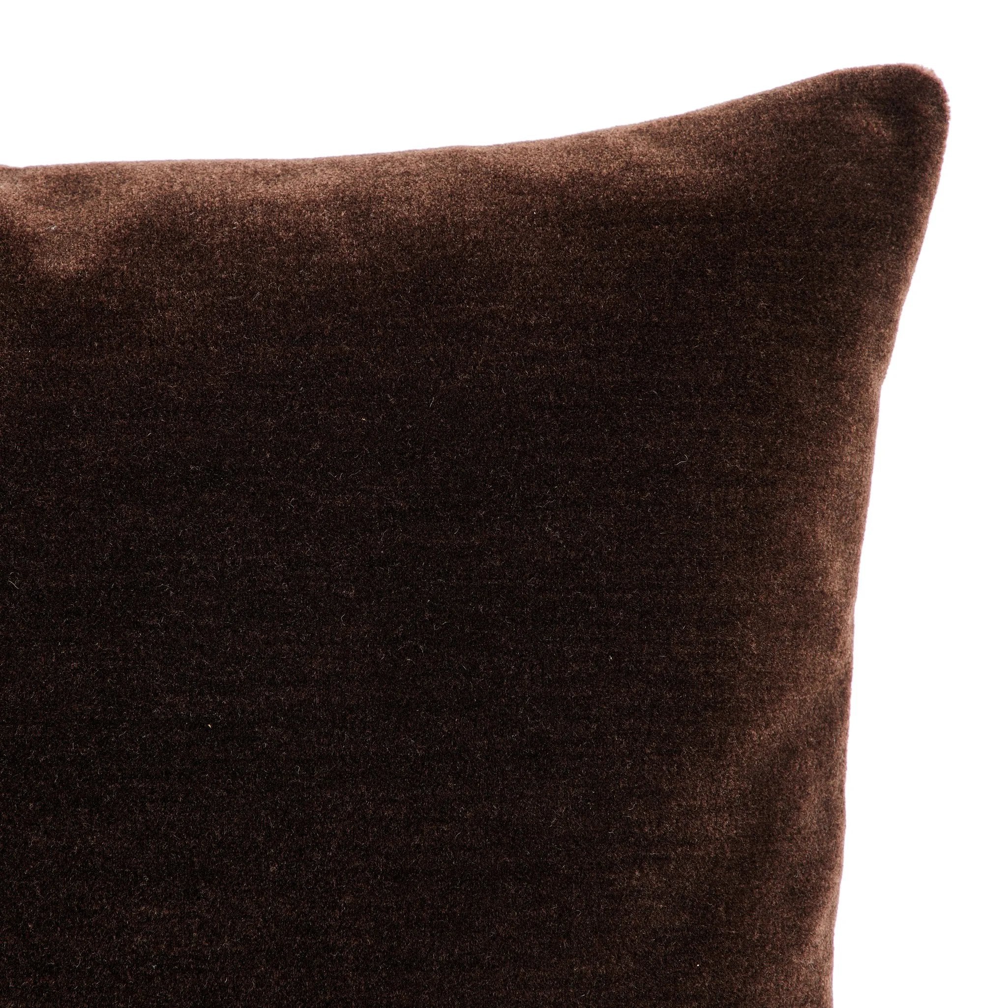 Featuring Bridger Monte Chocolate Pillow by Four Hands at Amethyst Home. Thick and reminiscent of a mohair style texture, the Bridger Monte Chocolate Pillow is an Amethyst fave.  Crafted from saturated solid wool velvet, a deep brown pillow offers a sustainable alternative to mohair. A clean-lined design with knife edges and a hidden zipper.Choose Your Options. Amethyst Home provides interior design, new home construction design consulting, vintage area rugs, and lighting in the Dallas metro area.