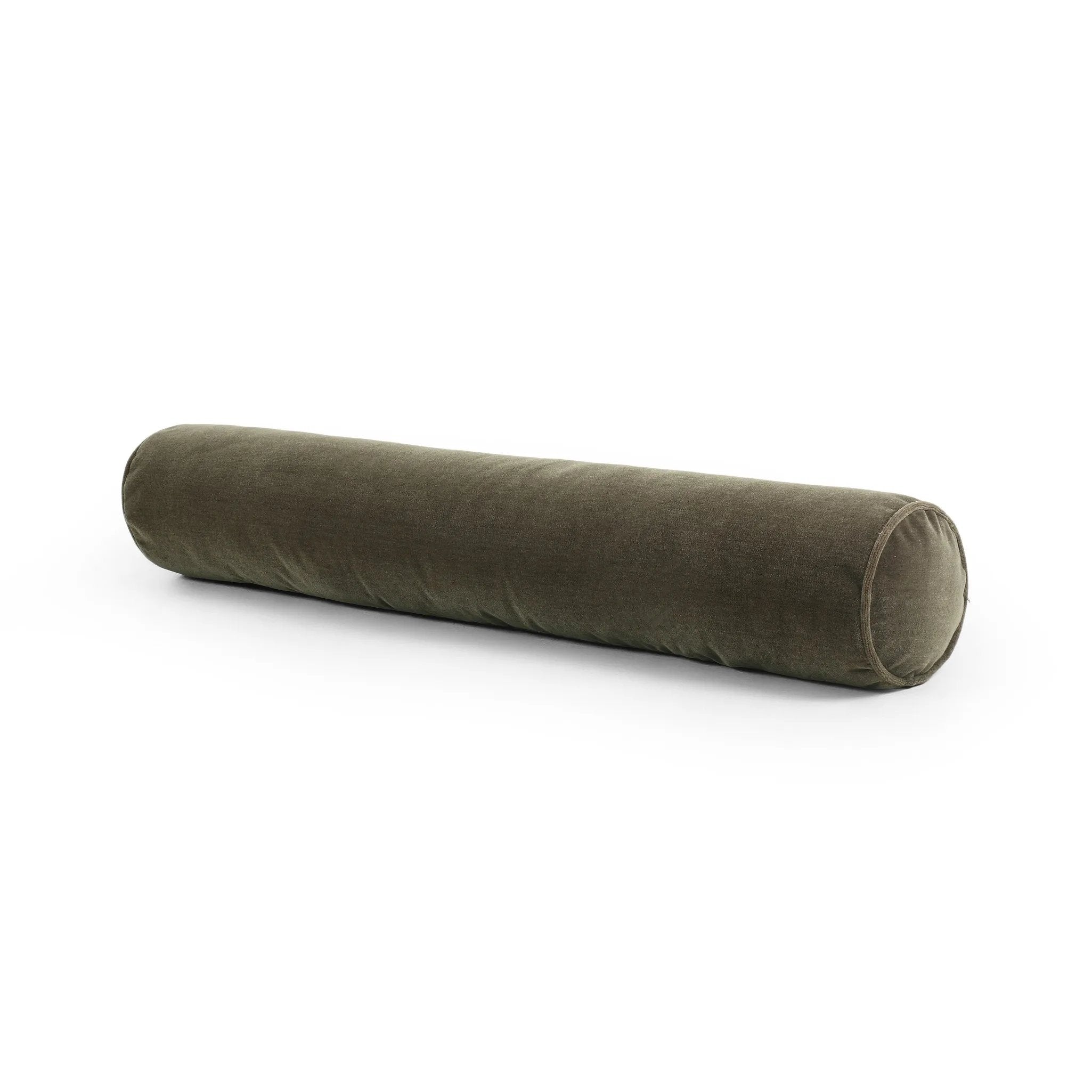 A long, olive-colored bolster pillow elevates beds and sofas in an instant. Crafted from saturated wool velvet, for a sustainable alternative to mohair, with a hidden zipper for a smooth silhouette Amethyst Home provides interior design, new home construction design consulting, vintage area rugs, and lighting in the Alpharetta metro area.