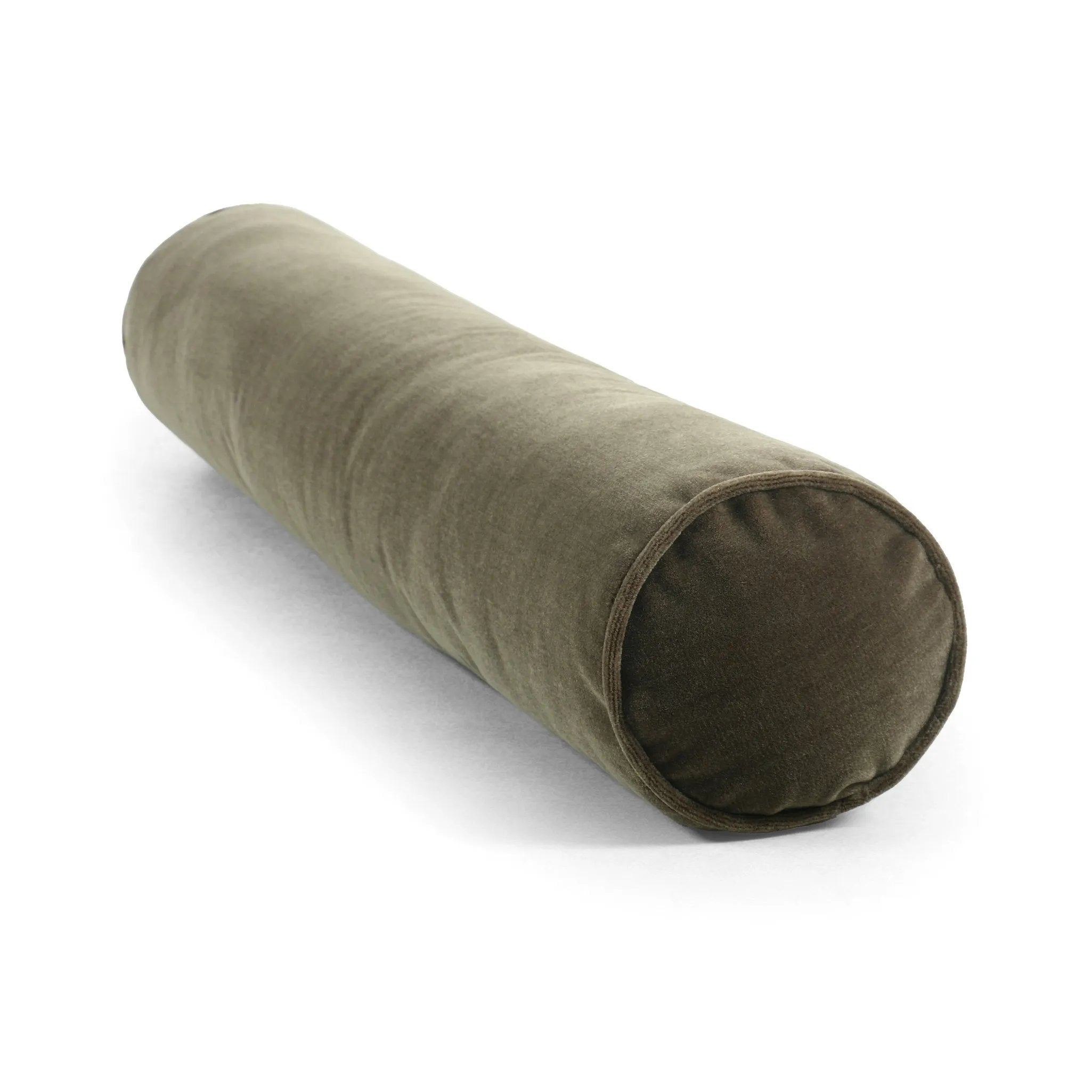 A long, olive-colored bolster pillow elevates beds and sofas in an instant. Crafted from saturated wool velvet, for a sustainable alternative to mohair, with a hidden zipper for a smooth silhouette Amethyst Home provides interior design, new home construction design consulting, vintage area rugs, and lighting in the Newport Beach metro area.