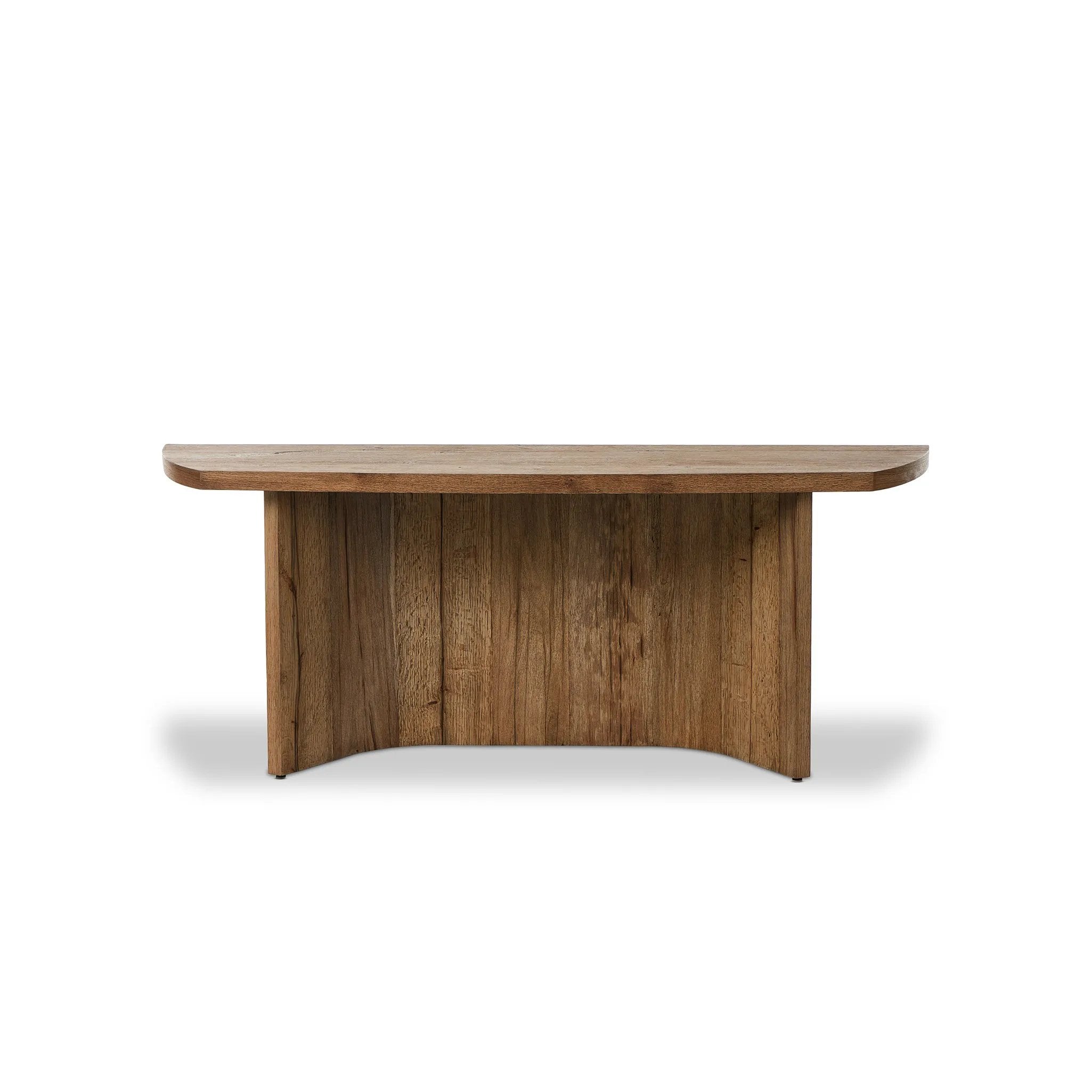 Structured lines and a light, rustic finish complete this console table of thick oak veneer Amethyst Home provides interior design, new home construction design consulting, vintage area rugs, and lighting in the Boston metro area.