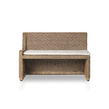 Antique-inspired coastal style. Rattan introduces varying natural shades and texture to this dining bench, and the frame's soft lines and fabric cushion invite a comfortable sit. Option to style alone or pair with other pieces in the collection. A design collaboration by Amber Lewis and Four Hands. Winner of the Domino Good Design Awards 2024. Amethyst Home provides interior design, new home construction design consulting, vintage area rugs, and lighting in the Kansas City metro area.