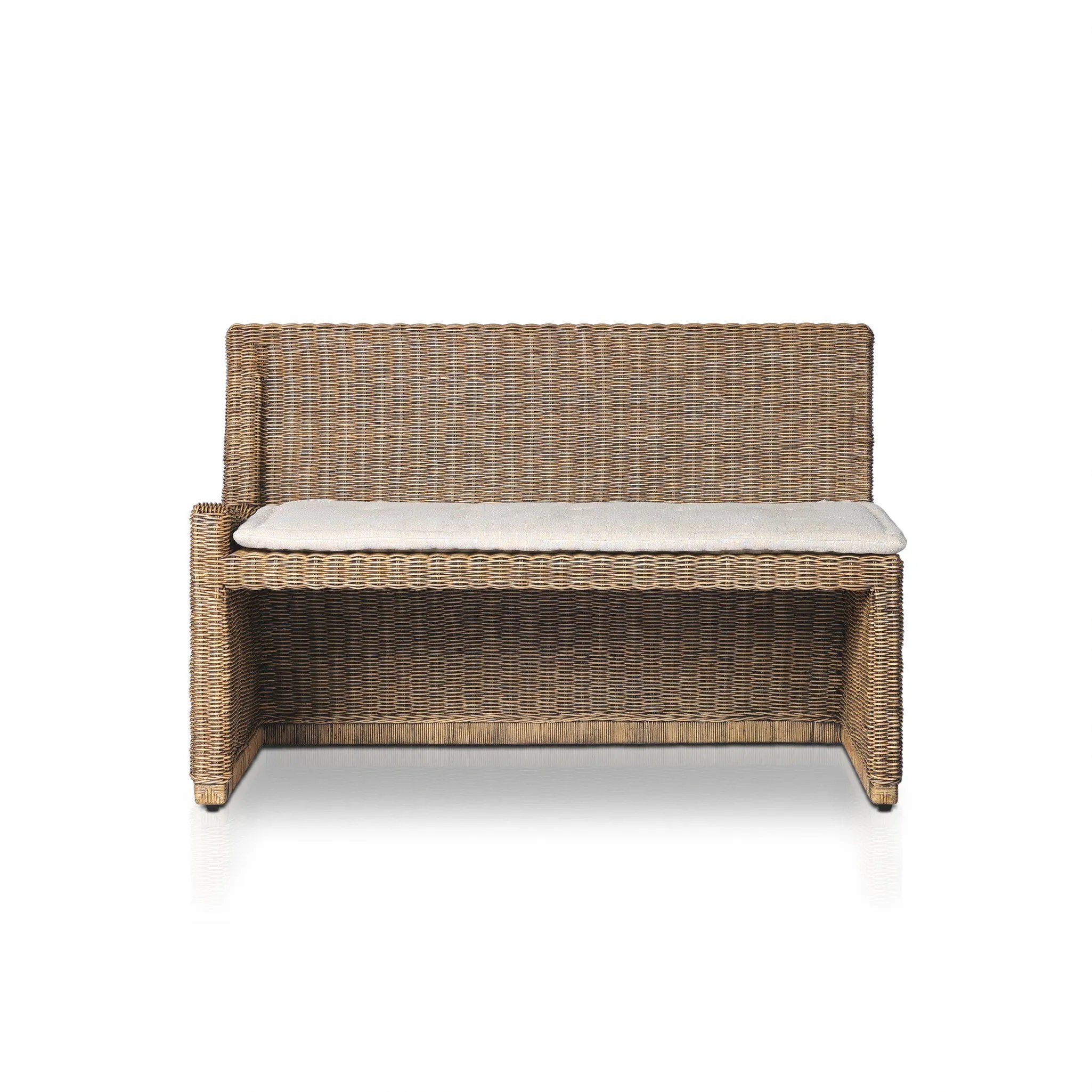 Antique-inspired coastal style. Rattan introduces varying natural shades and texture to this dining bench, and the frame's soft lines and fabric cushion invite a comfortable sit. Option to style alone or pair with other pieces in the collection. A design collaboration by Amber Lewis and Four Hands. Winner of the Domino Good Design Awards 2024. Amethyst Home provides interior design, new home construction design consulting, vintage area rugs, and lighting in the Kansas City metro area.
