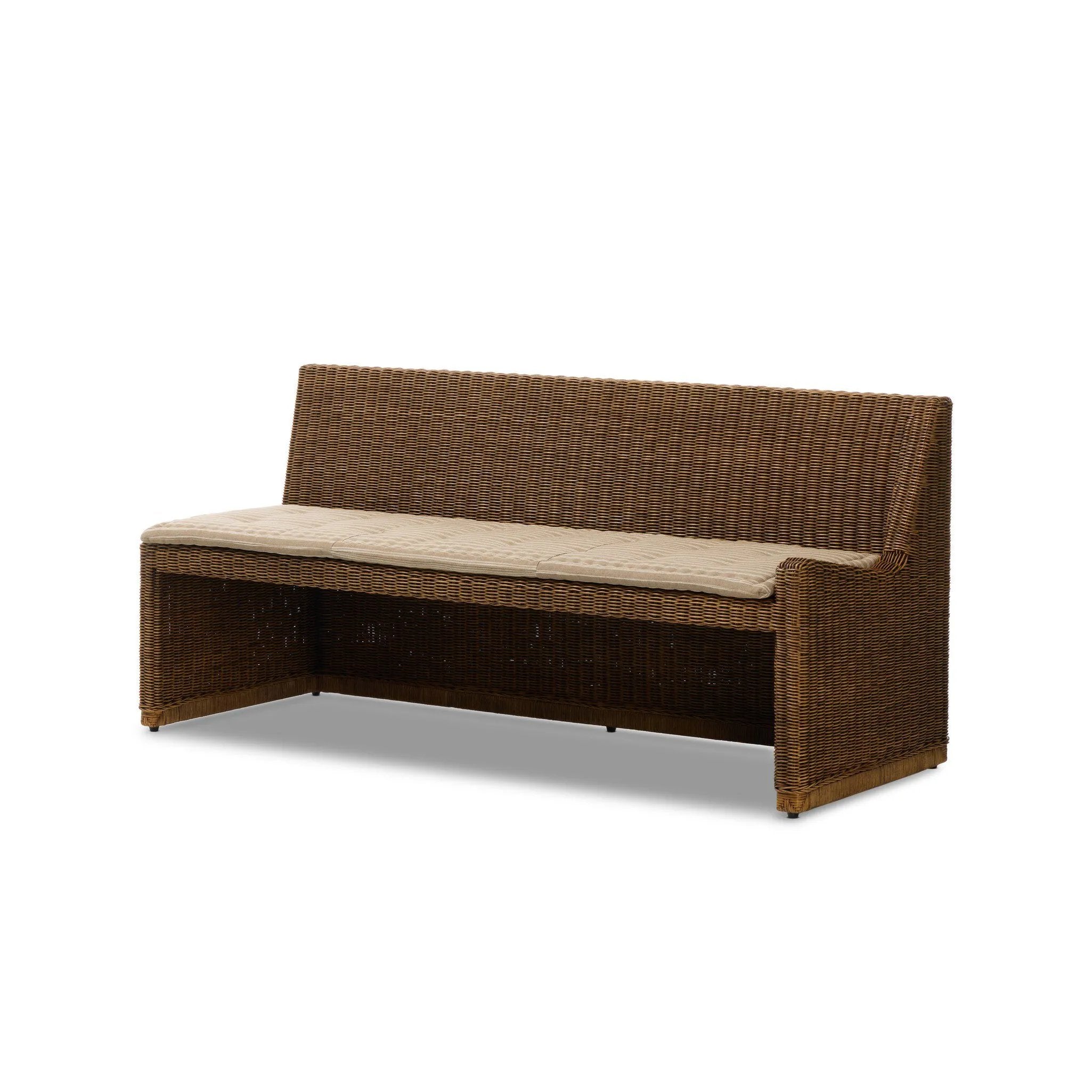Antique-inspired coastal style. Rattan introduces varying natural shades and texture to this dining bench, and the frame's soft lines and beige and white striped fabric cushion invite a comfortable sit. Option to style alone or pair with other pieces in the collection. A design collaboration by Amber Lewis and Four Hands. Amethyst Home provides interior design, new home construction design consulting, vintage area rugs, and lighting in the Austin metro area.