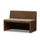 Antique-inspired coastal style. Rattan introduces varying natural shades and texture to this dining bench, and the frame's soft lines and beige and white striped fabric cushion invite a comfortable sit. Option to style alone or pair with other pieces in the collection. A design collaboration by Amber Lewis and Four Hands. Amethyst Home provides interior design, new home construction design consulting, vintage area rugs, and lighting in the Dallas metro area.