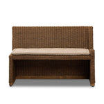 Antique-inspired coastal style. Rattan introduces varying natural shades and texture to this dining bench, and the frame's soft lines and beige and white striped fabric cushion invite a comfortable sit. Option to style alone or pair with other pieces in the collection. A design collaboration by Amber Lewis and Four Hands. Amethyst Home provides interior design, new home construction design consulting, vintage area rugs, and lighting in the Newport Beach metro area.