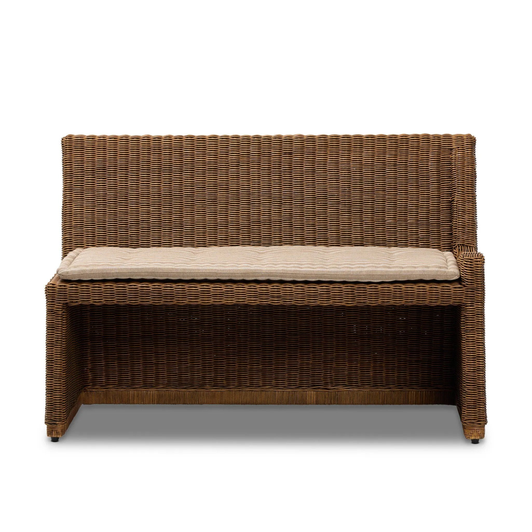 Antique-inspired coastal style. Rattan introduces varying natural shades and texture to this dining bench, and the frame's soft lines and beige and white striped fabric cushion invite a comfortable sit. Option to style alone or pair with other pieces in the collection. A design collaboration by Amber Lewis and Four Hands. Amethyst Home provides interior design, new home construction design consulting, vintage area rugs, and lighting in the Newport Beach metro area.